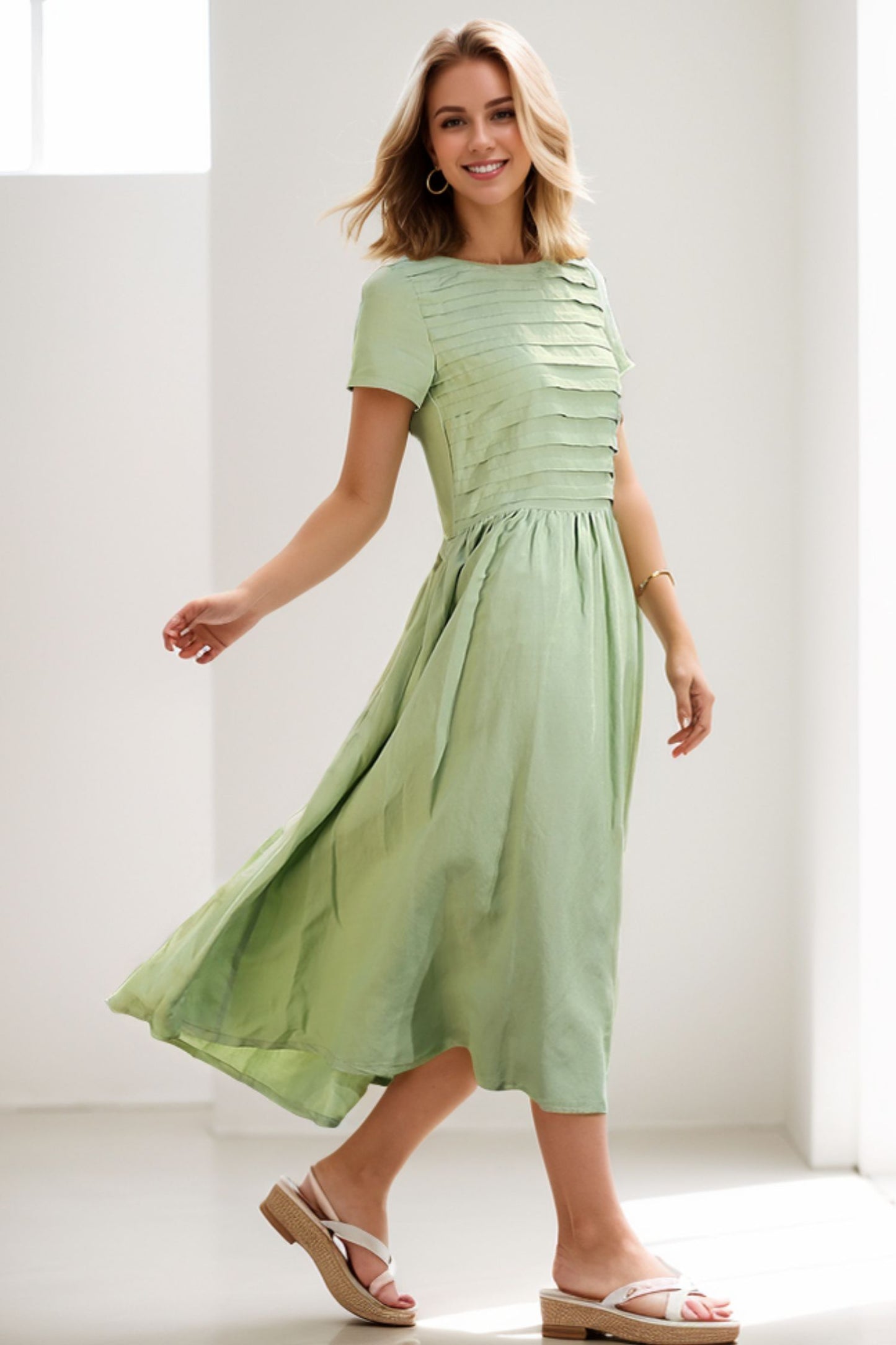 Loose Fitting Short Sleeve Unique Sweep Summer Dress in Lemon Green C258