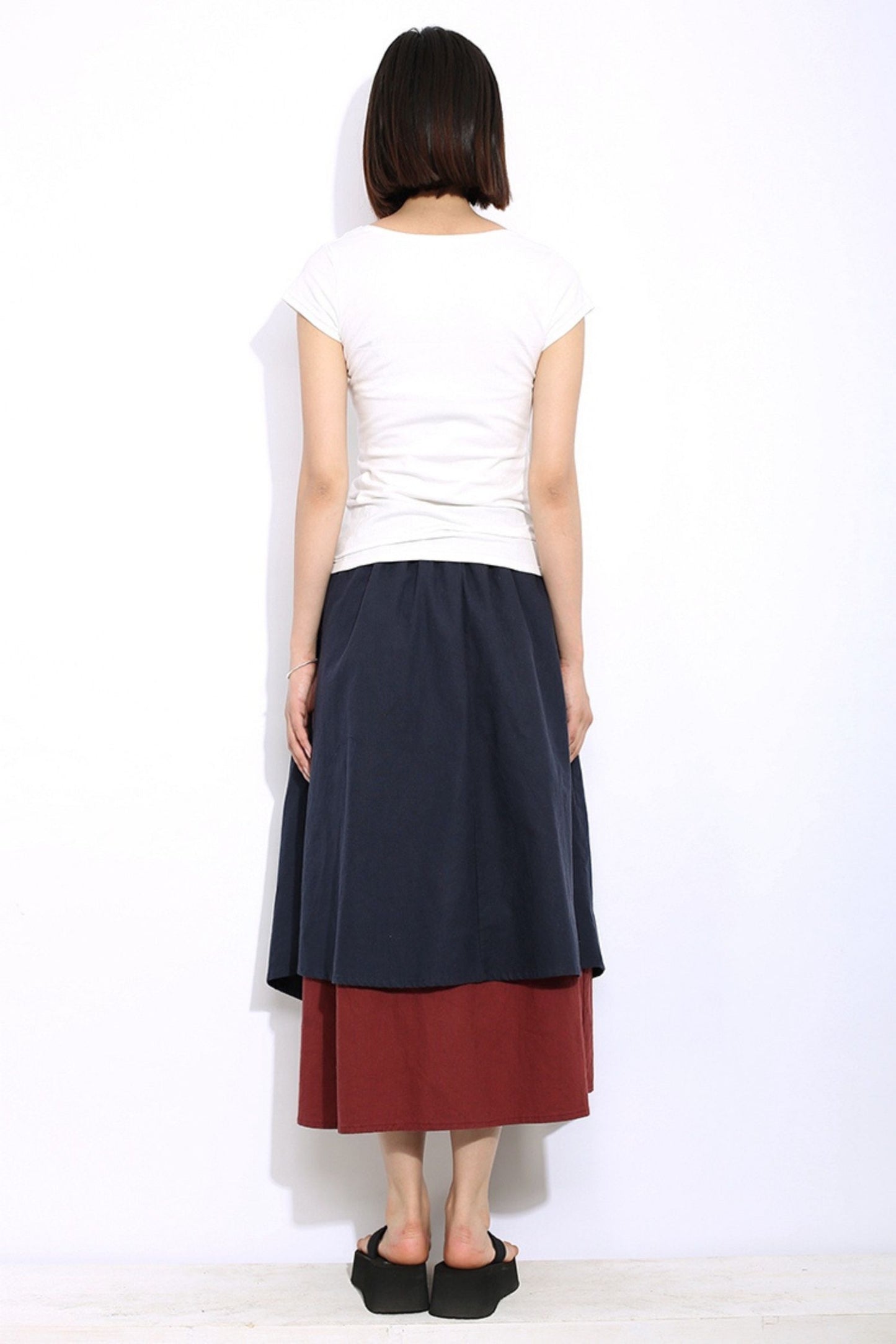 Blue linen midi asymmetrical skirt C335