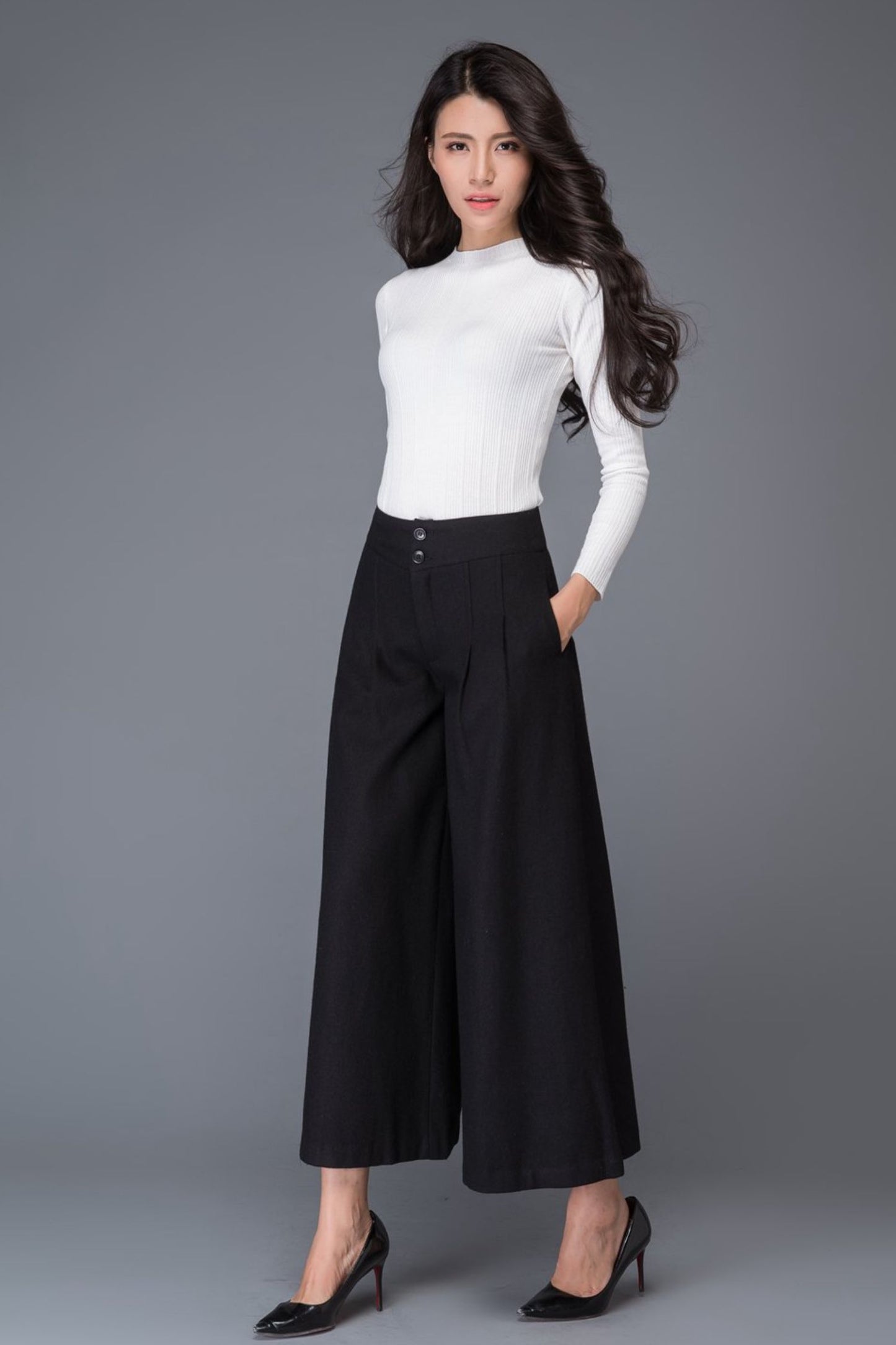 Black midi winter wool pants with pockets C1015