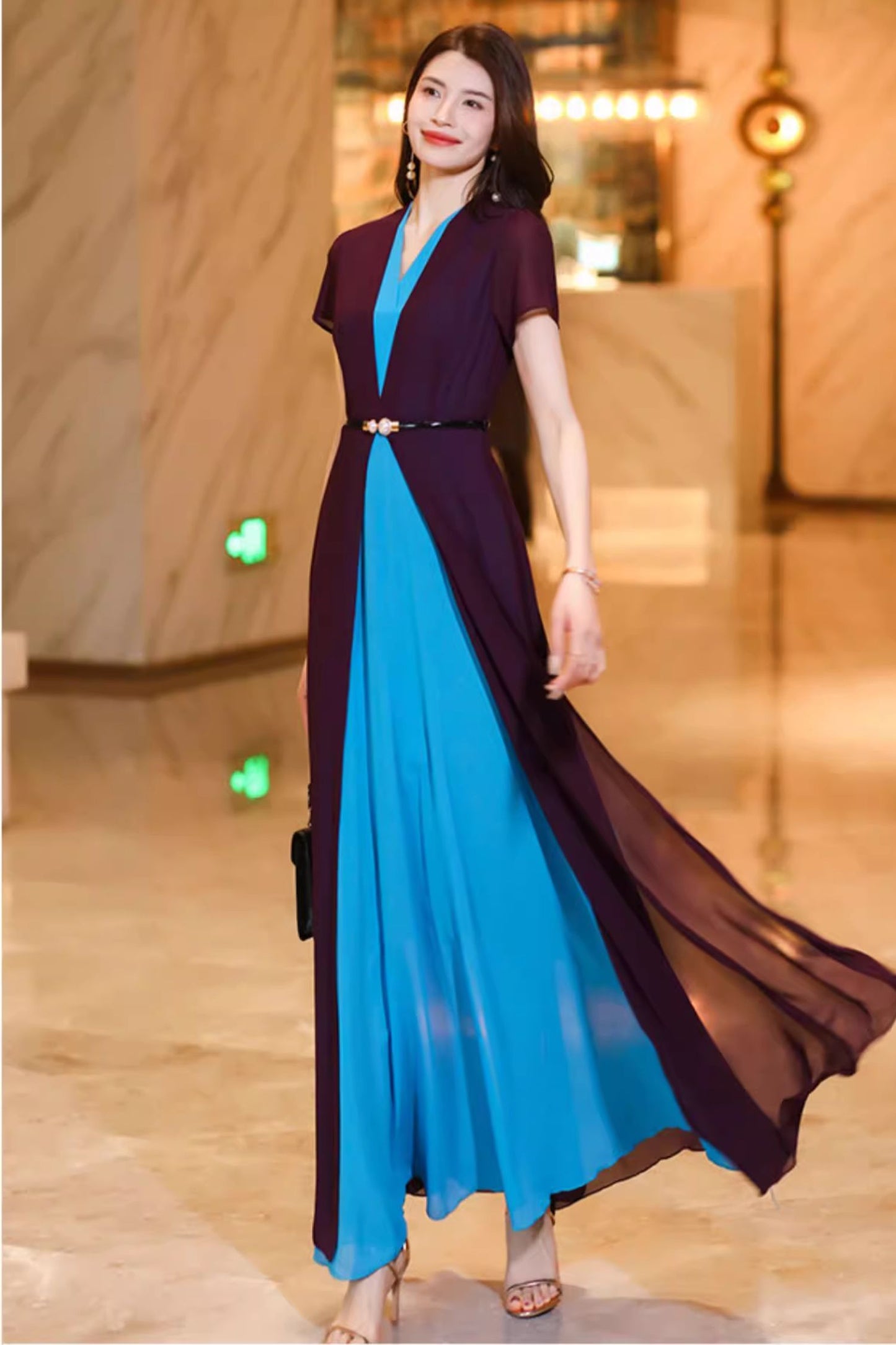 Maxi block color prom chiffon dresses C4932
