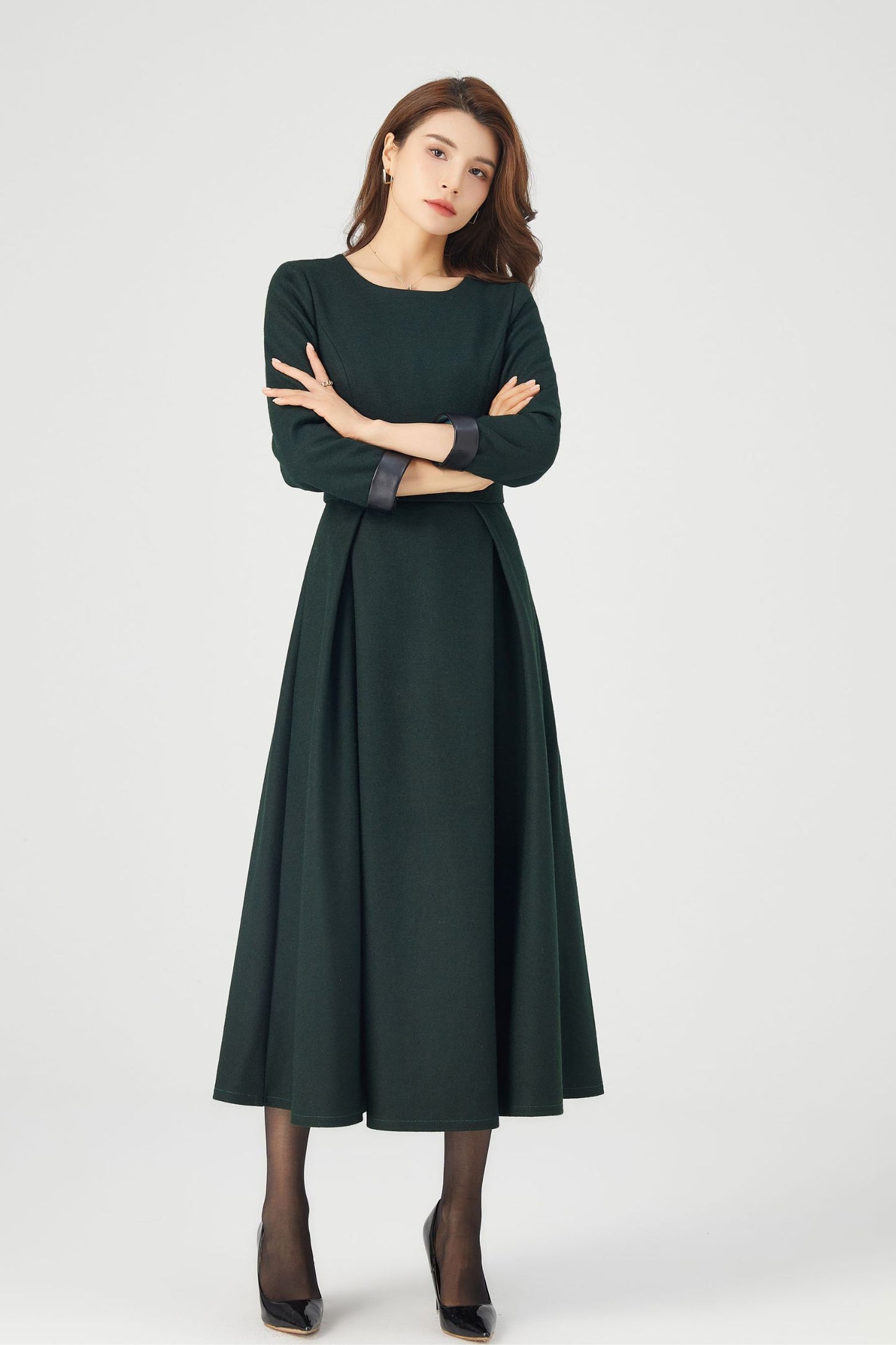 Womens Winter Green Midi Wool Dress C4325