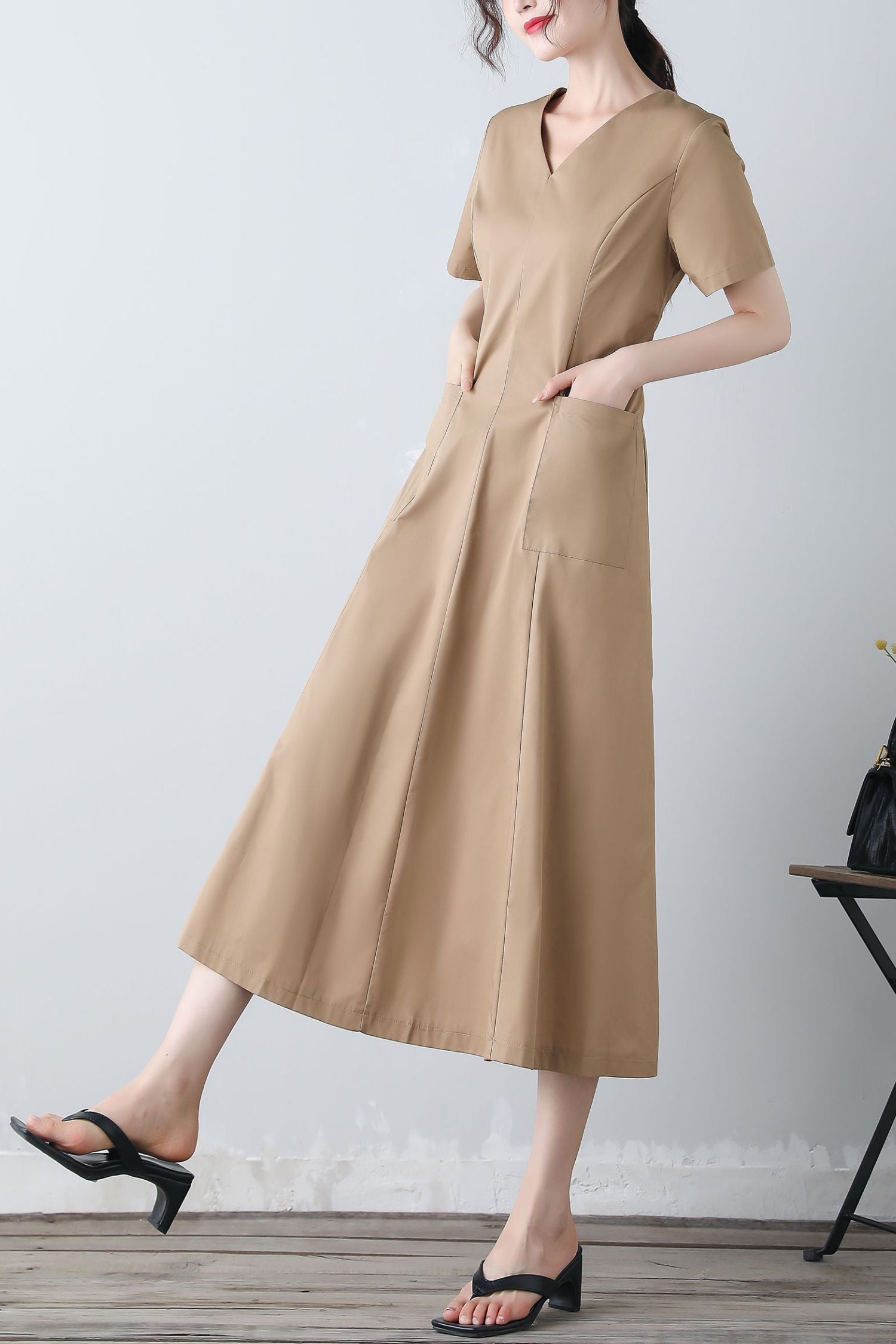 khaki linen midi dress ASOS Design - Midi Dress - Women - Viscose/Linen - 8 US