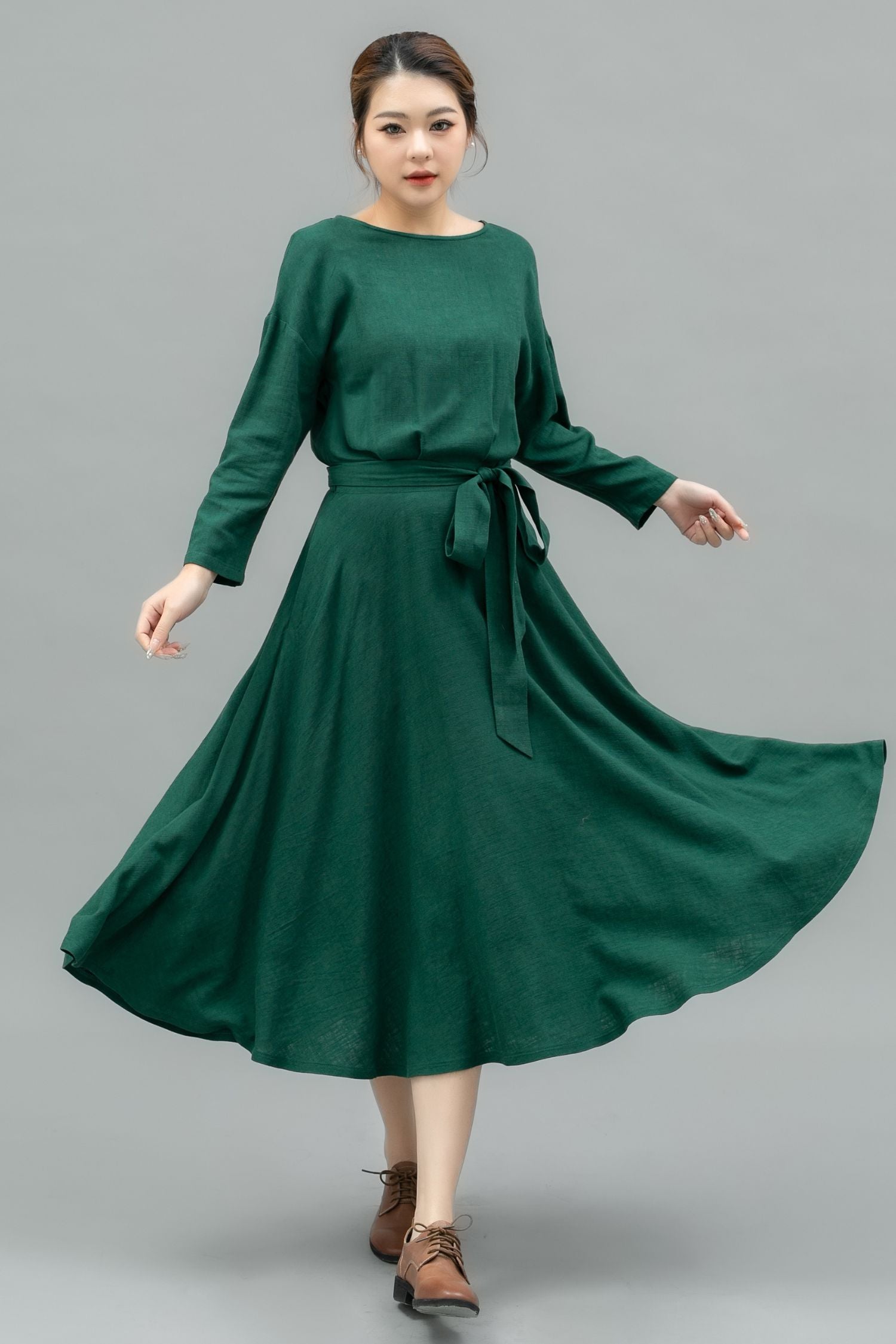 Elegant Green Linen Midi Dress C4740 YLISTYLE Elegant Green Linen Midi Dress C4740 YLISTYLE