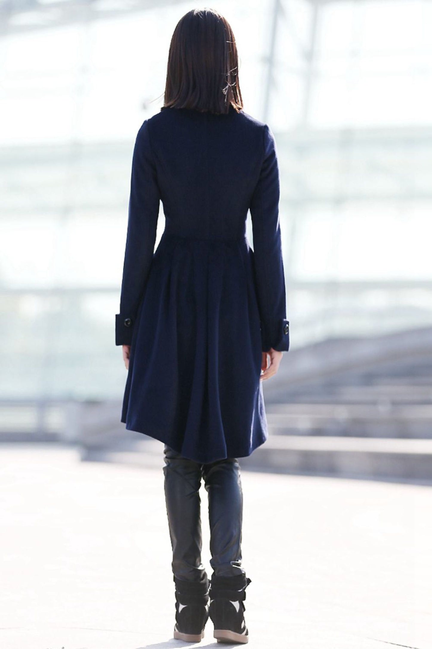 Navy blue winter midi warm winter coat C164