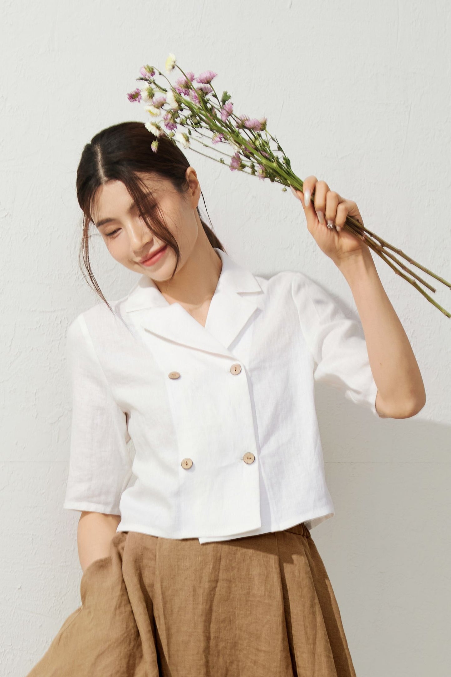 White Double Breasted Linen Shirt C3933