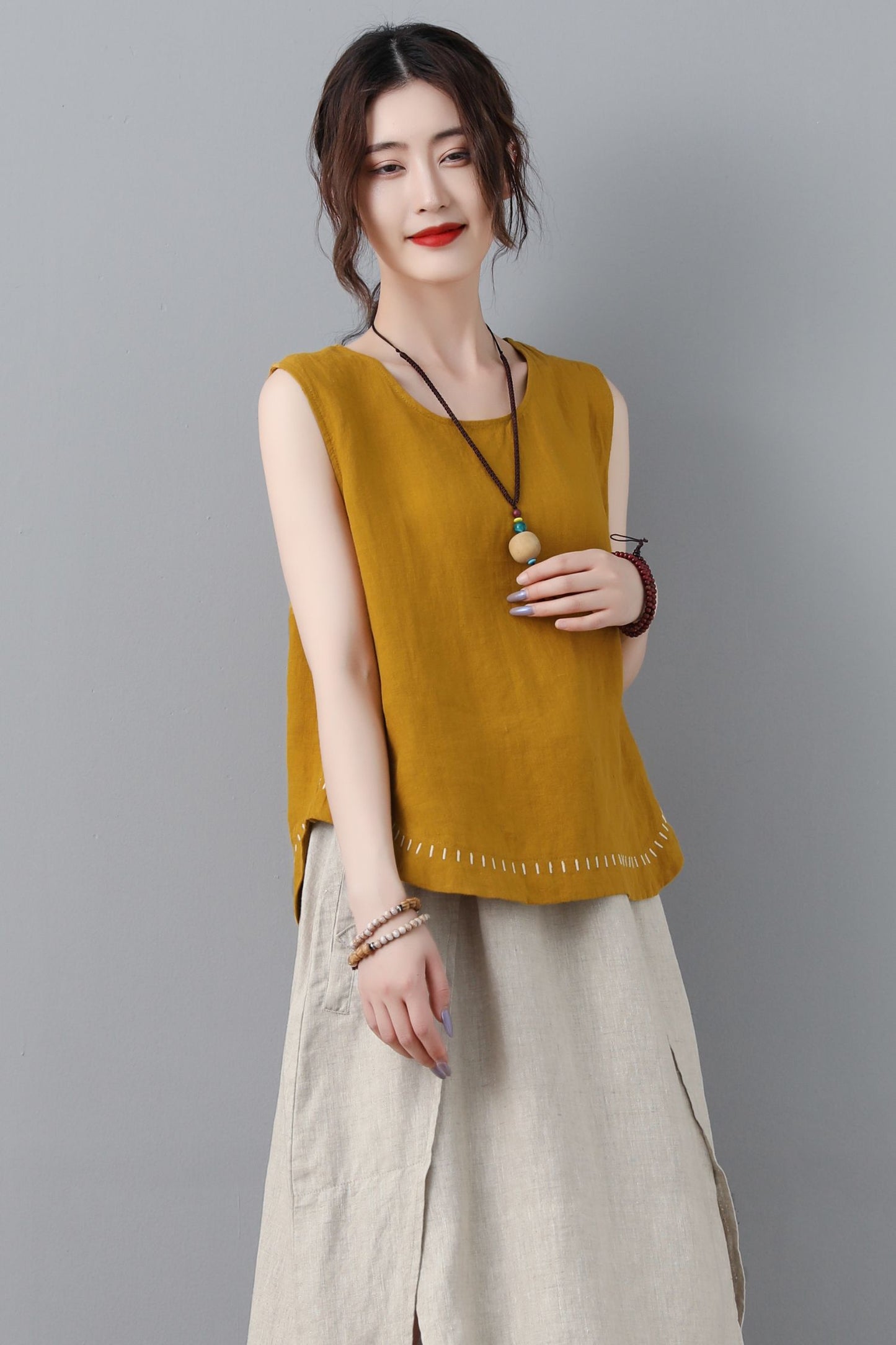 Yellow summer linen tank top women C2349