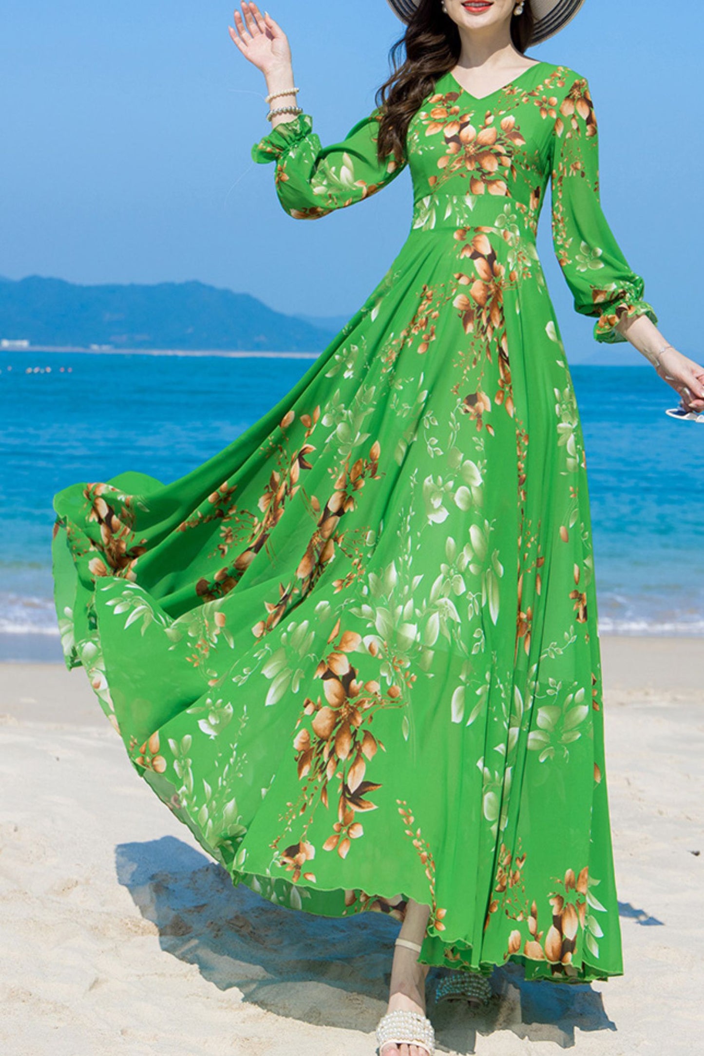 Summer Green Chiffon Long Sleeve Floral Dress C4107