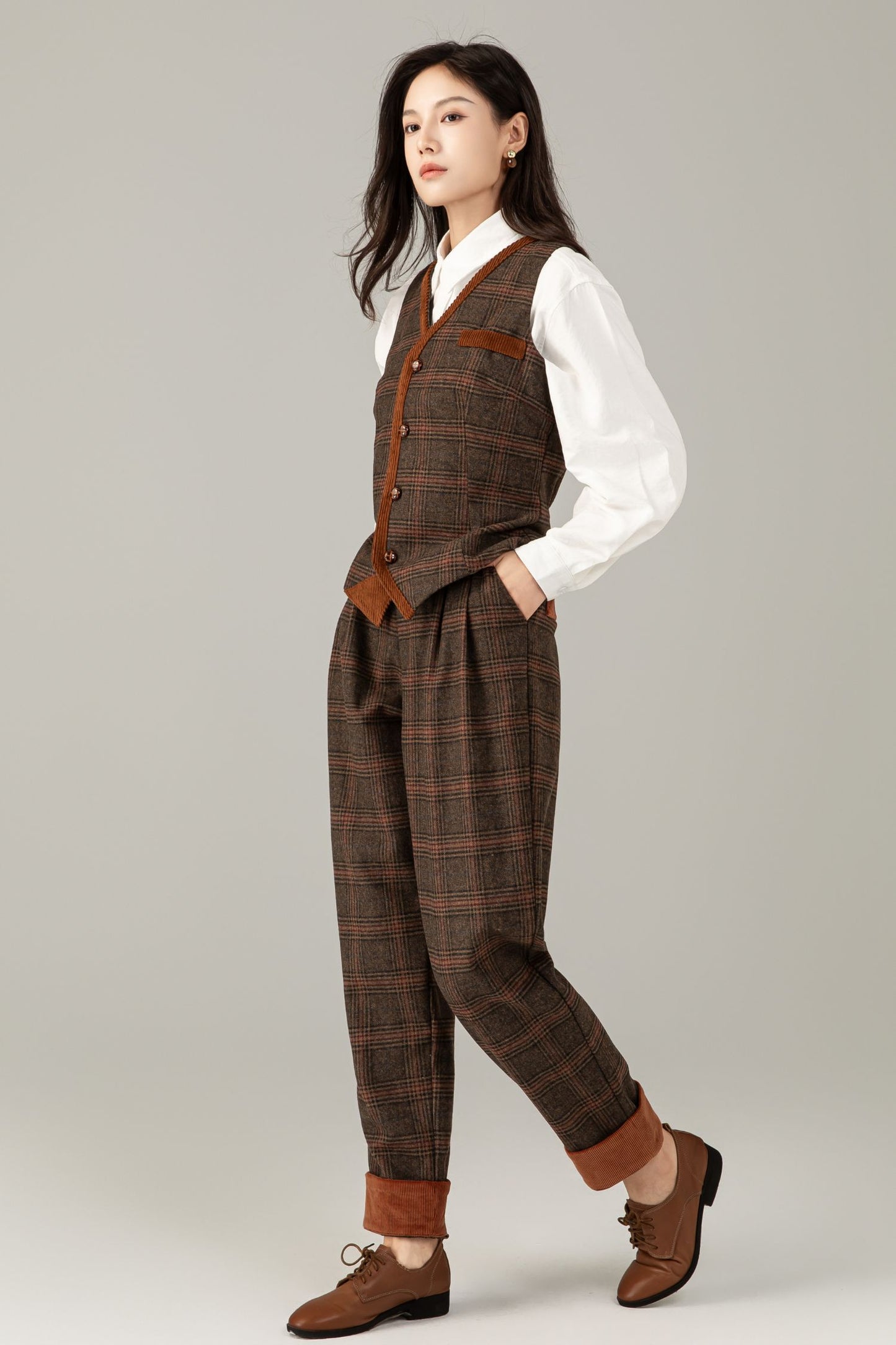 Brown Plaid Wool Suit Set, Wool vest and Wool pants C5248