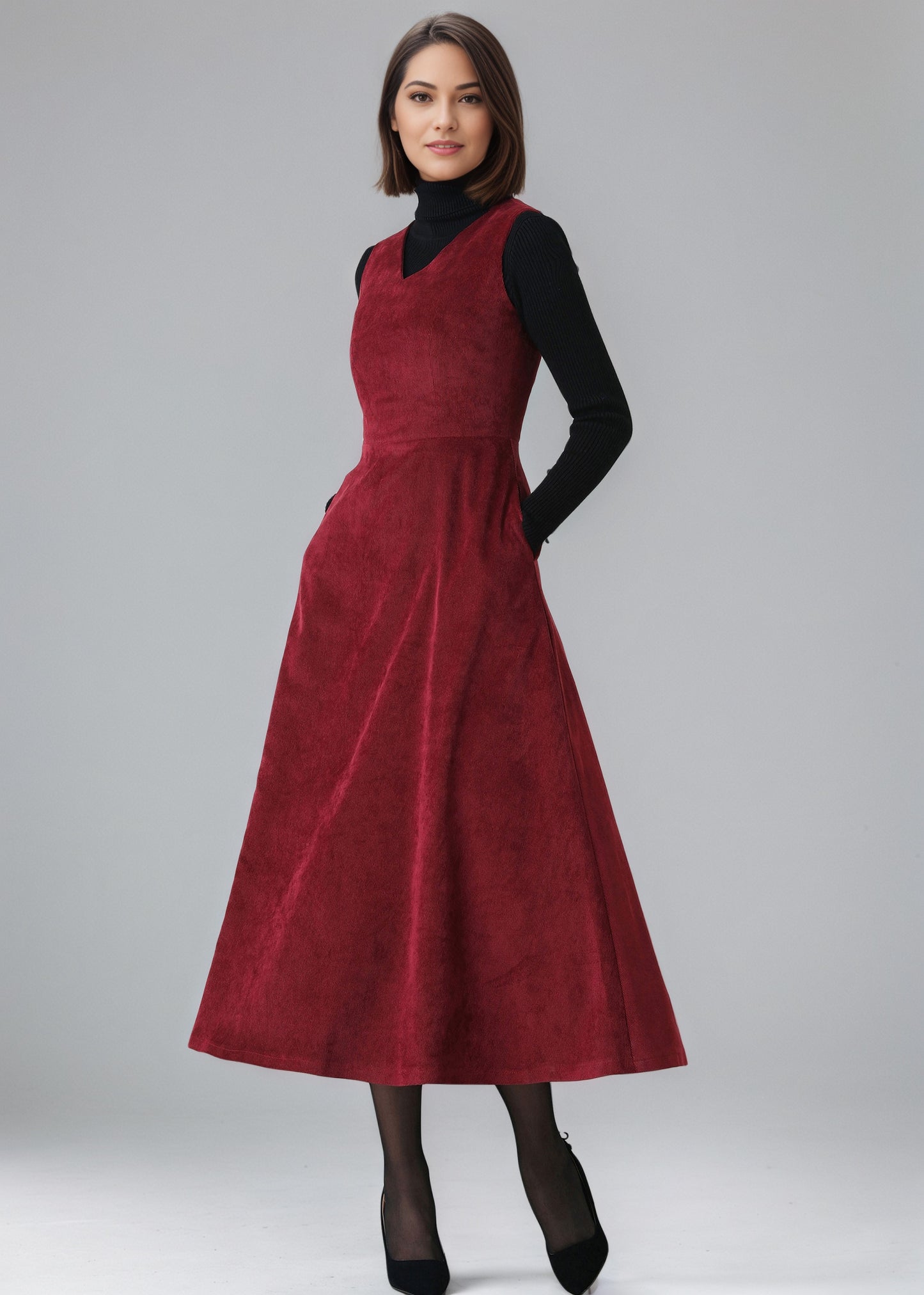 Red Long Corduroy dress, Womens Sleeveless Corduroy dress C5153