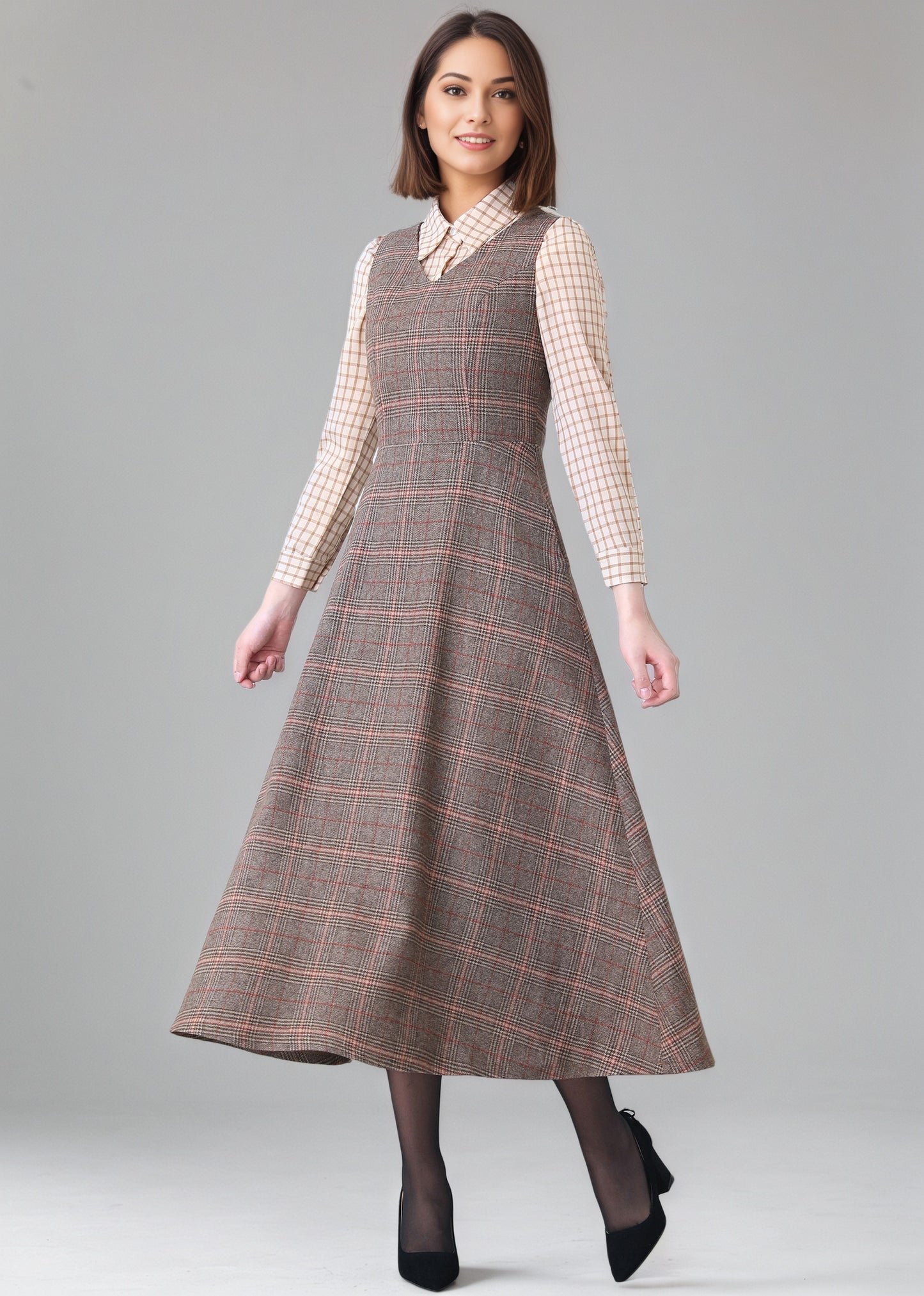 Winter Sleeveless Plaid Wool dress Women C5150