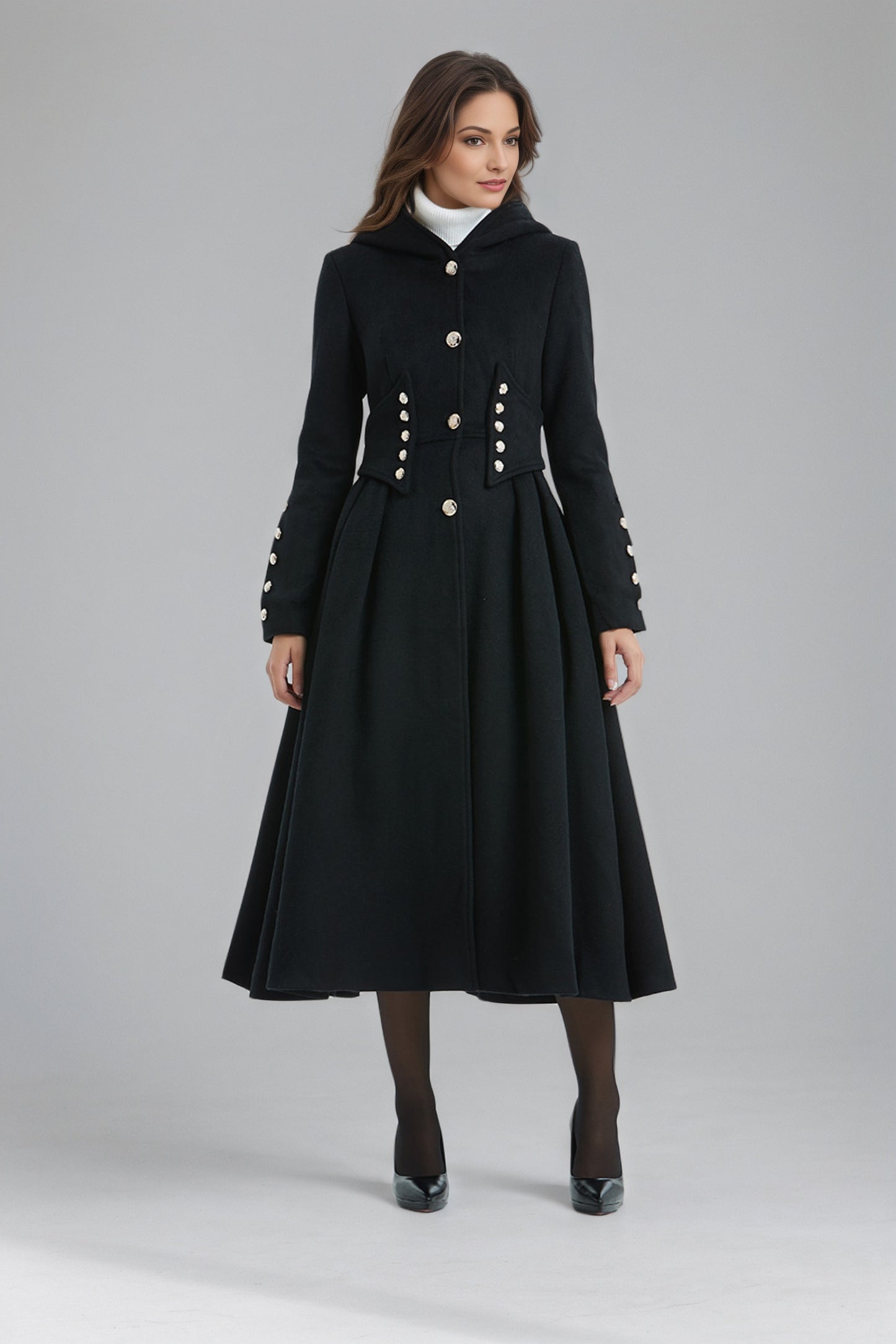 Military Hooded Winter Black Wool Coat C5135