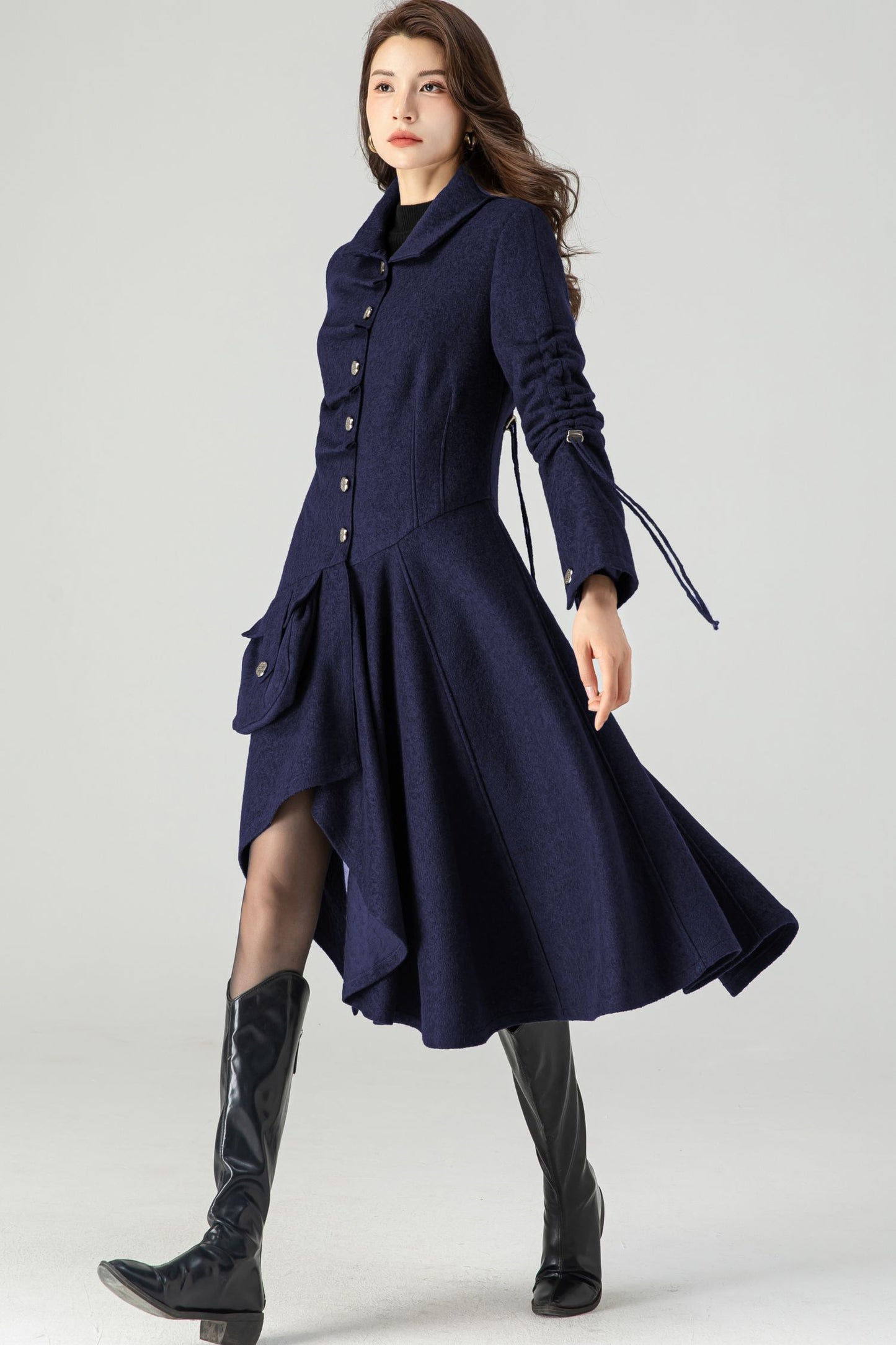 Asymmetrical Single Breasted Navy Blue Wool Coat C4518