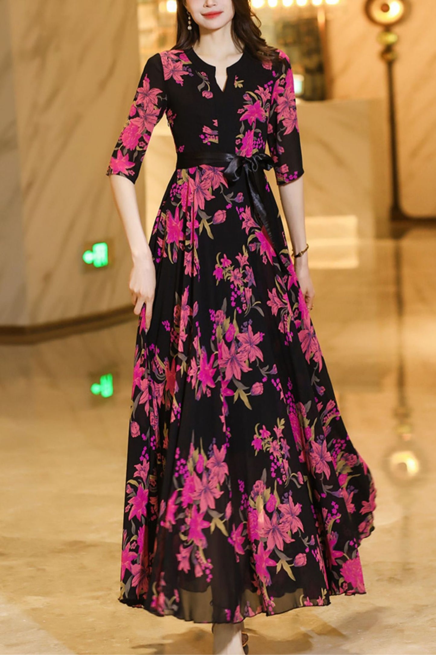 Summer black chiffon floral dress C4106