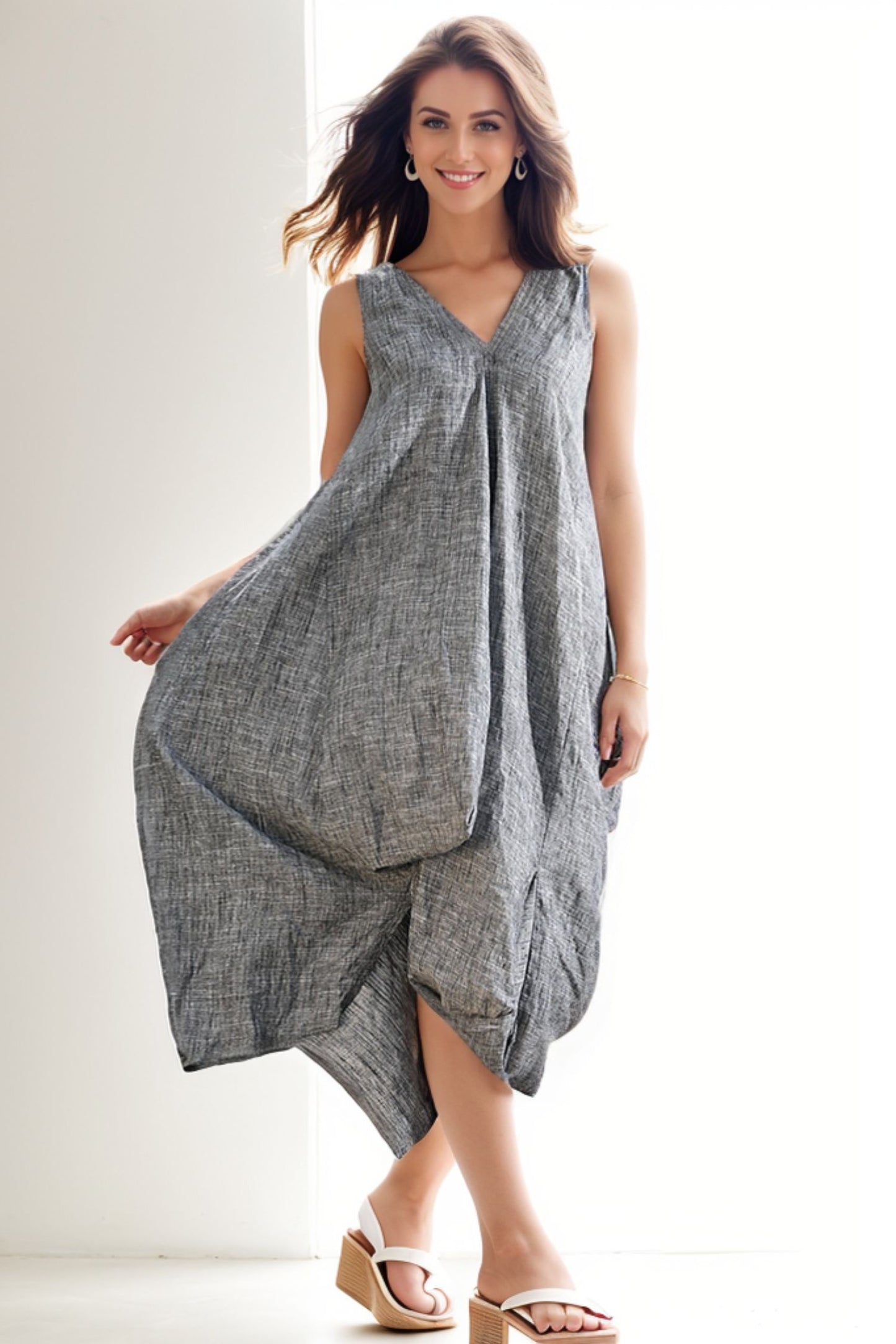 Grey Loose-Fitting V neck Linen Dress C257