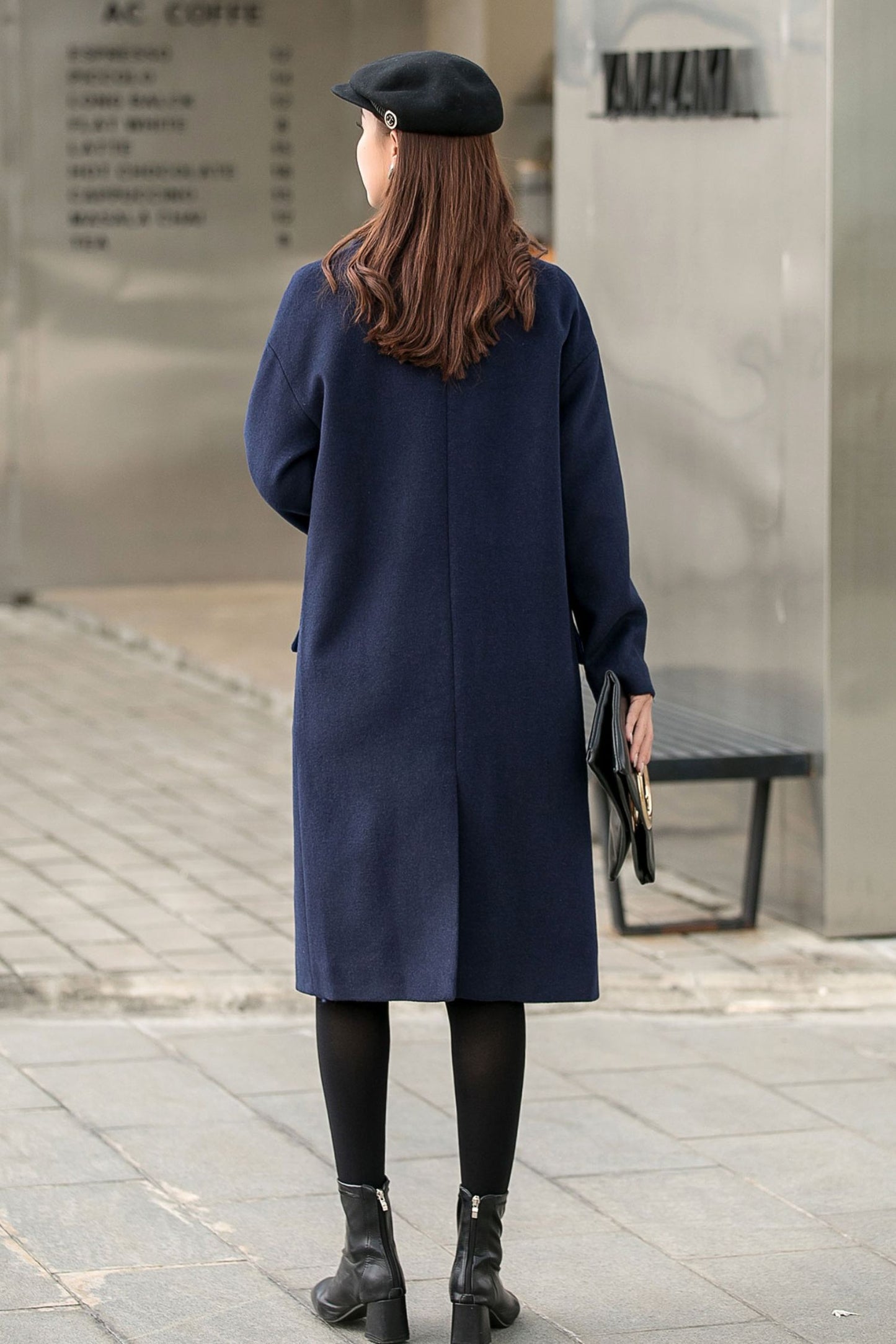 Navy Blue Long Winter Wool Coat C2544