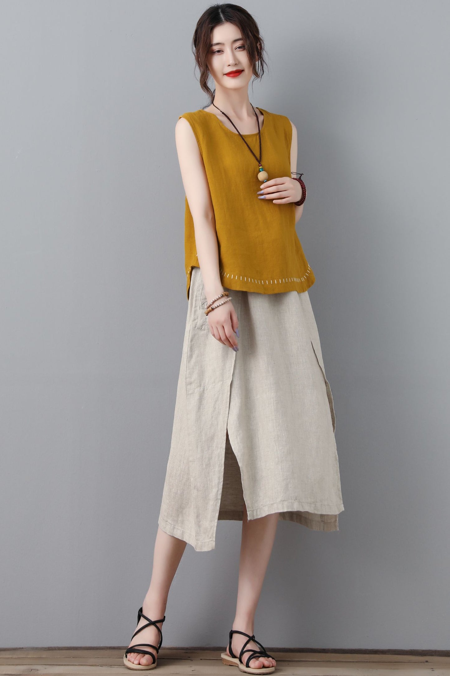 linen midi women summer natural A line skirt C2306