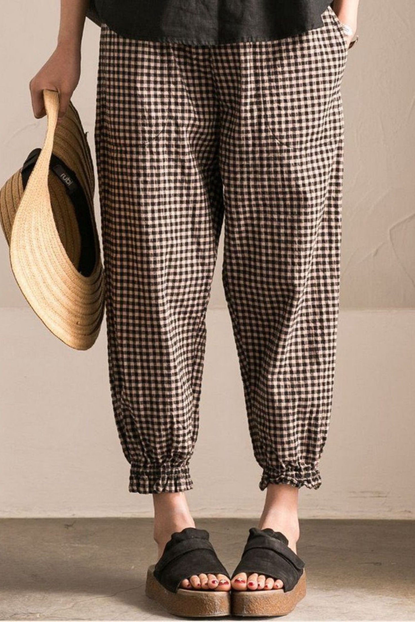 Art Casual Black White Grid Pants Cotton Women Clothes TT0042