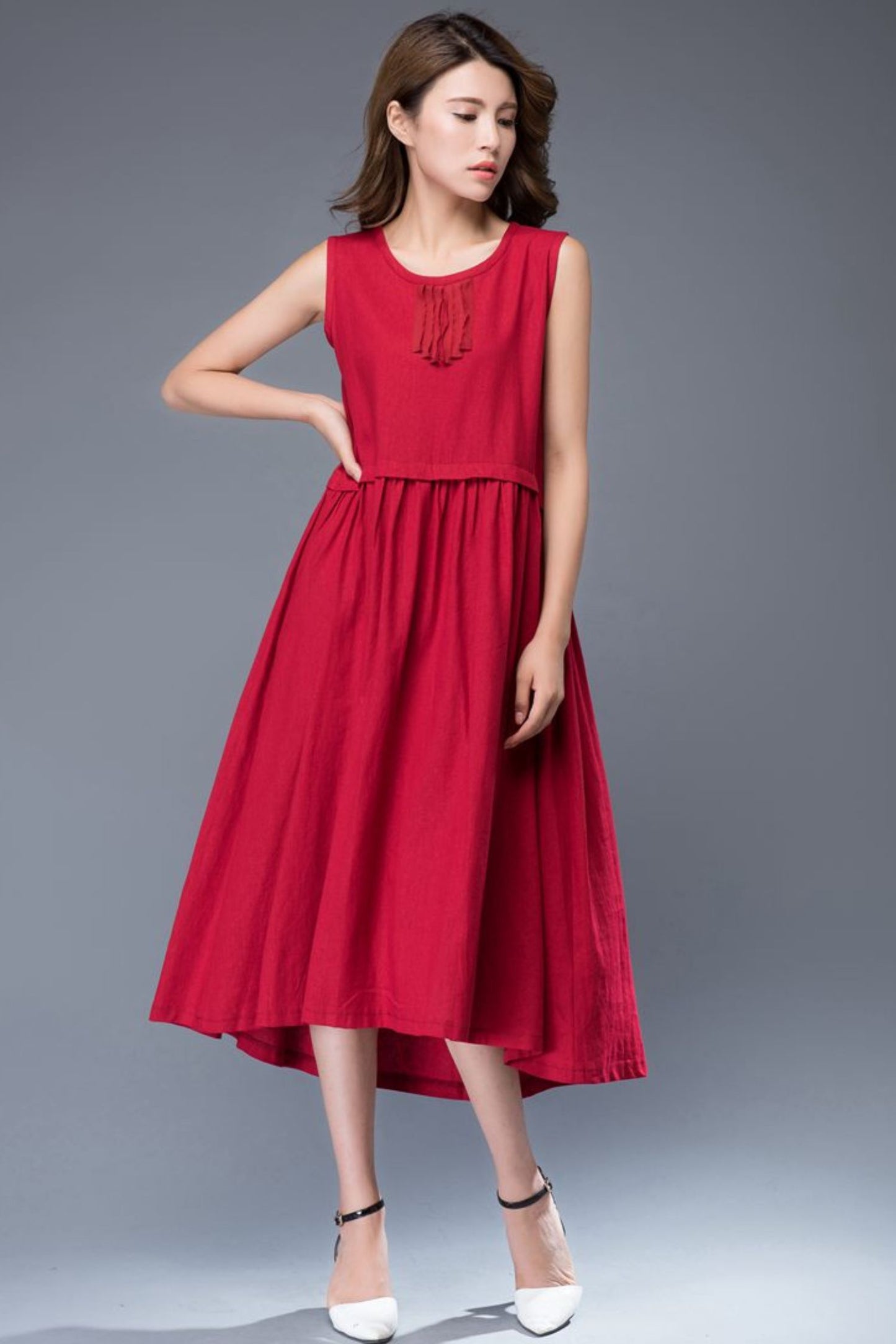 Red linen midi sleeveless loose summer dress C944