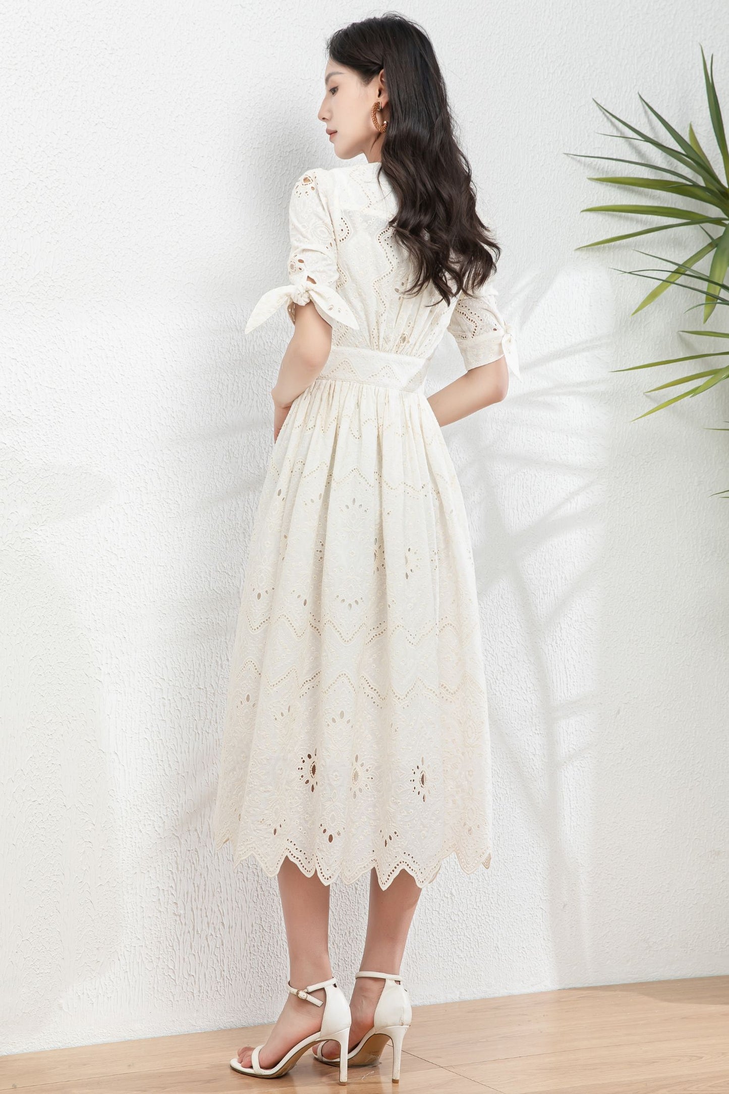 Cream White Embroidered Cotton Midi Dress c4980