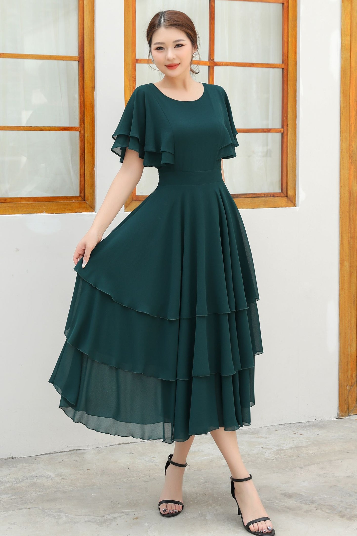Green ruffle chiffon dress women C4832