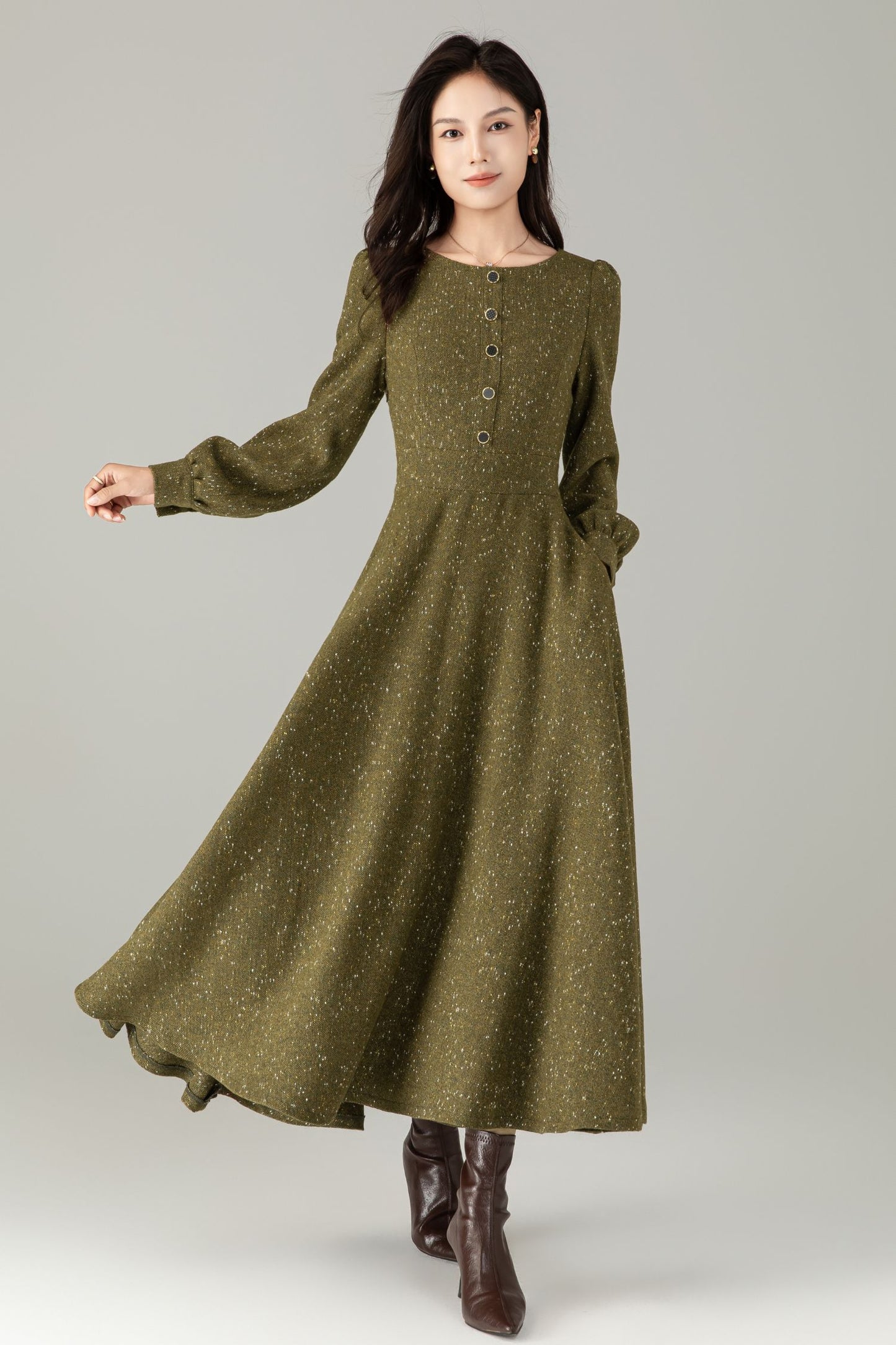 Olive Tweed Wool Maxi Dress — Vintage Button‑Front A‑Line with Pockets C5243