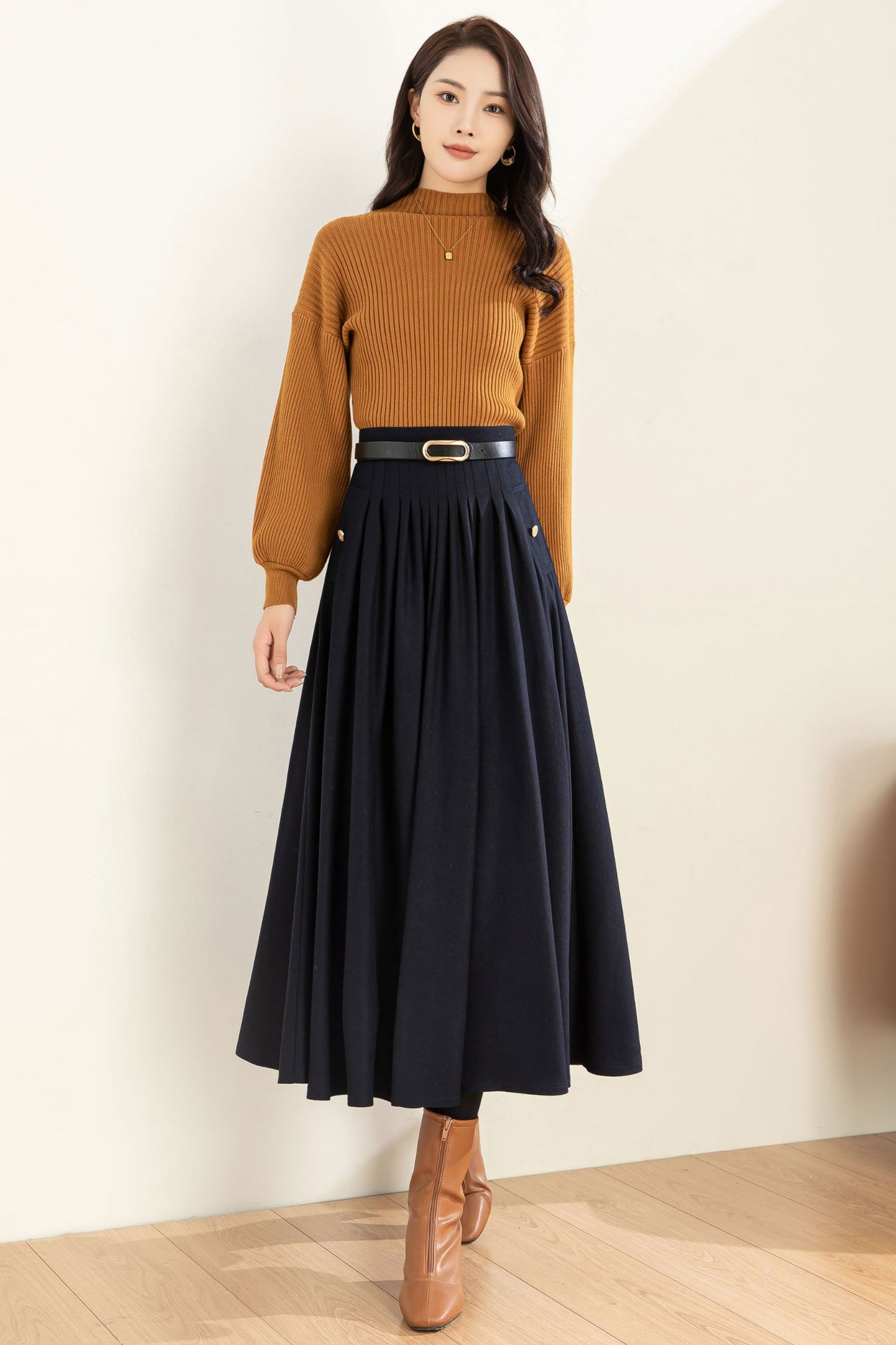 Navy Blue Wool Midi Skirt C3603
