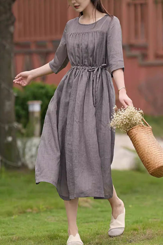 Grey Cotton Linen Midi Dress - Elastic Waist, Round Neck C3892