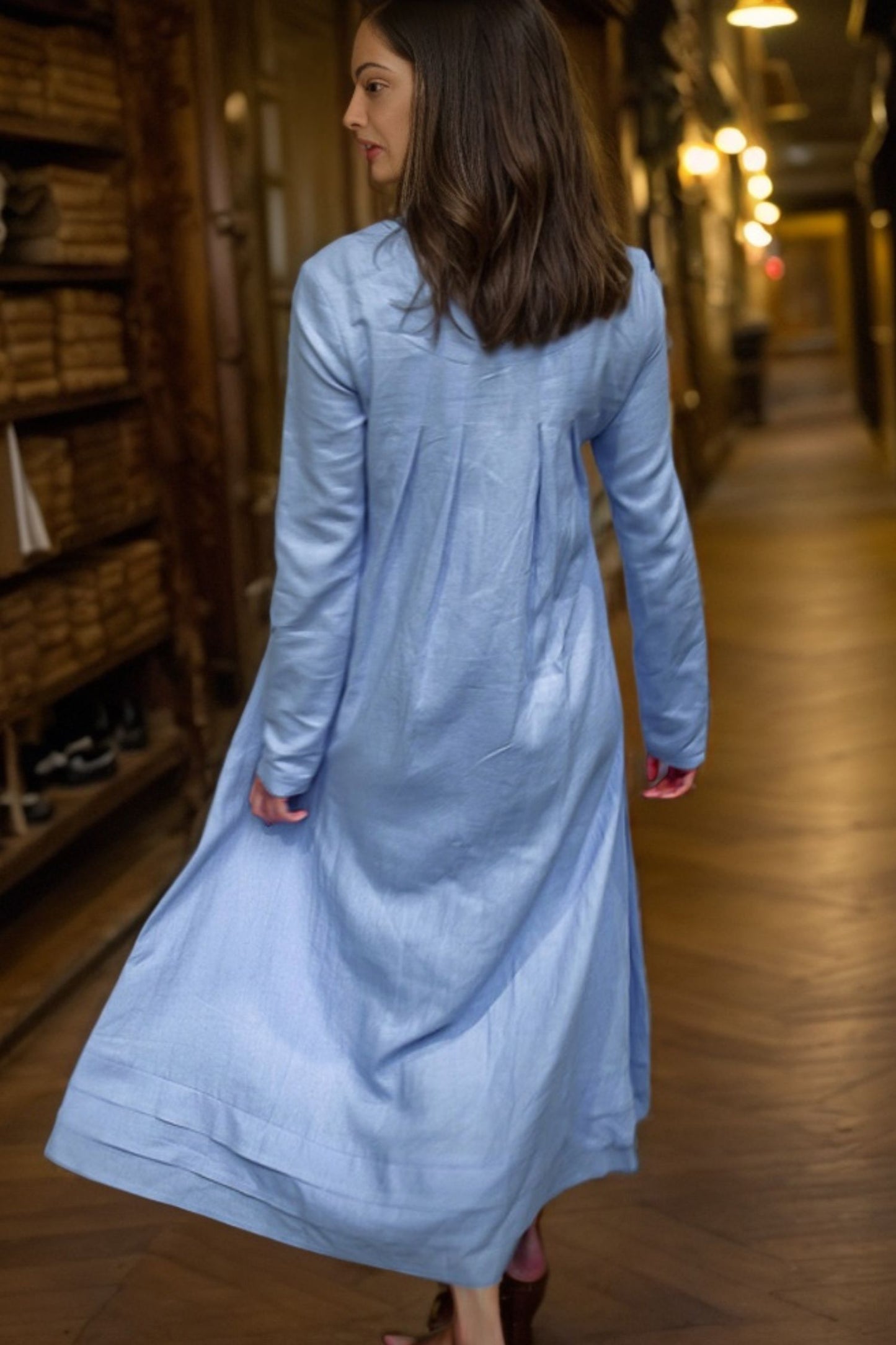 Blue Linen Dress - Semi-Fitted Long Midi Plus Size Long-Sleeved dress C4631