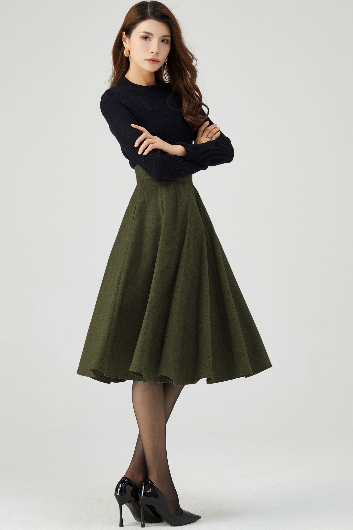 Women Knee Length Army Green Wool Skirt C4526
