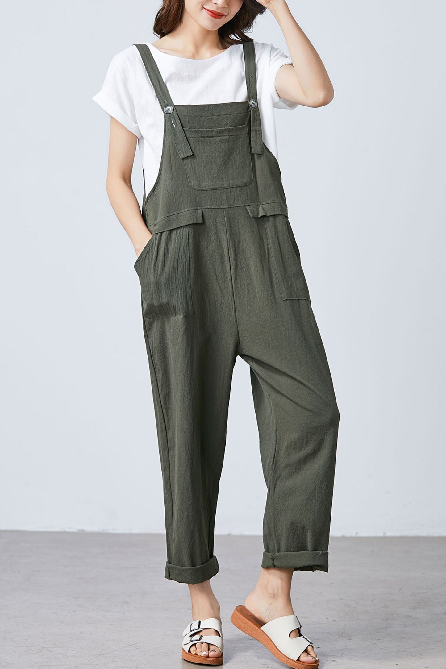 Summer green linen jumpsuit women C1697