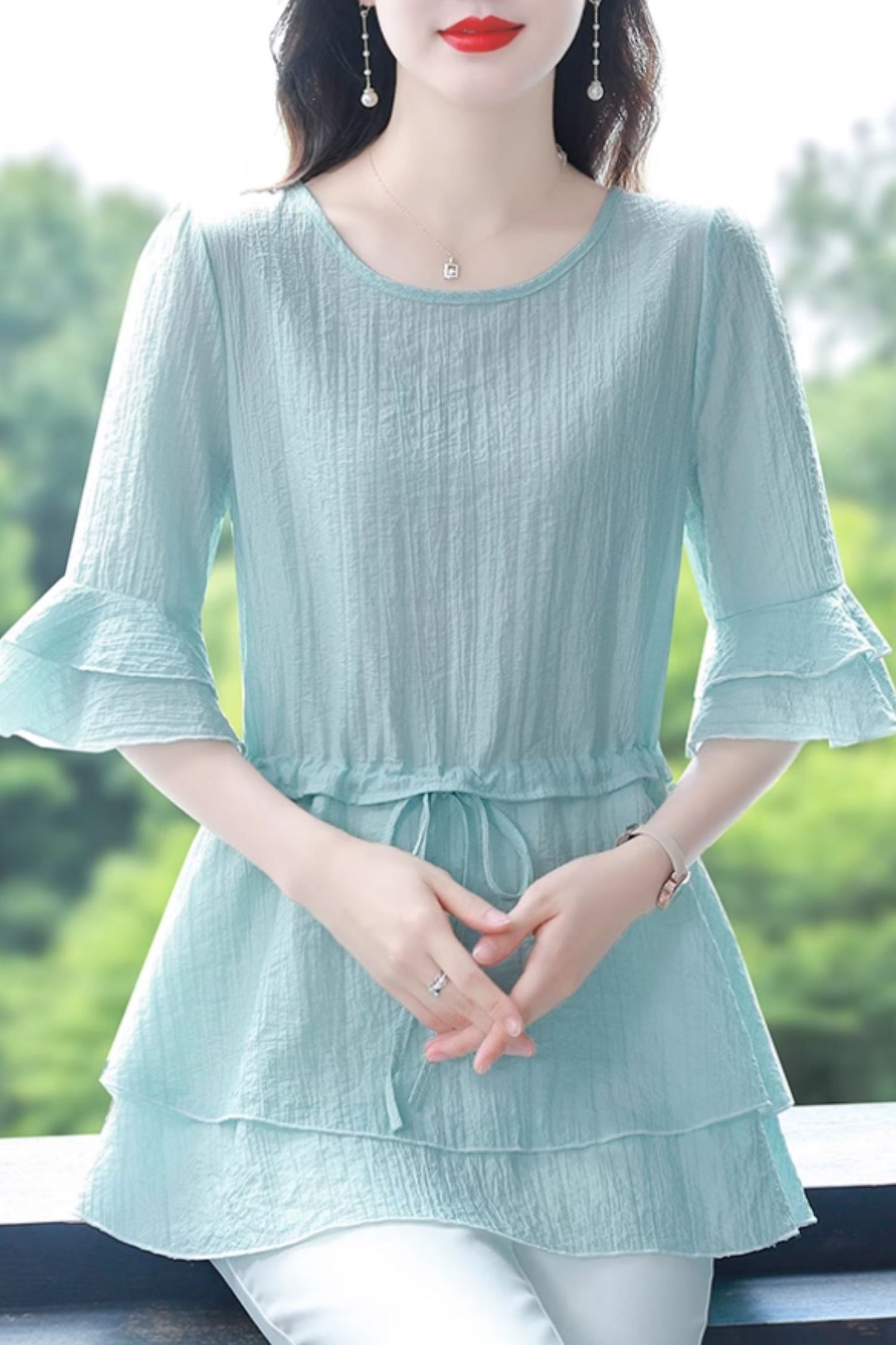 Summer chiffon blouse with drawstring waist C5057