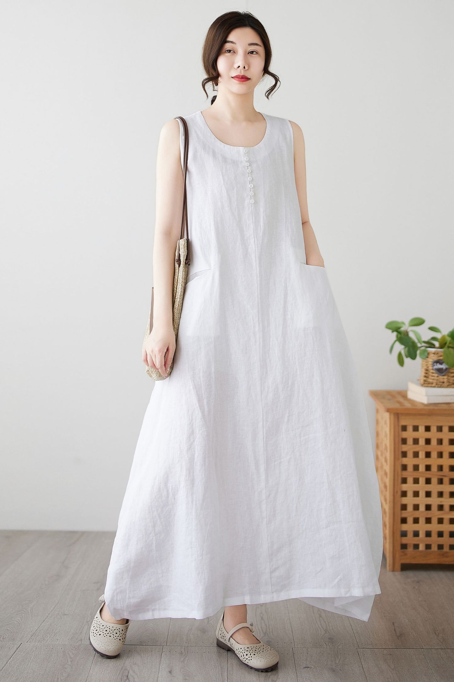 Women's Summer White Long Linen dress c4897