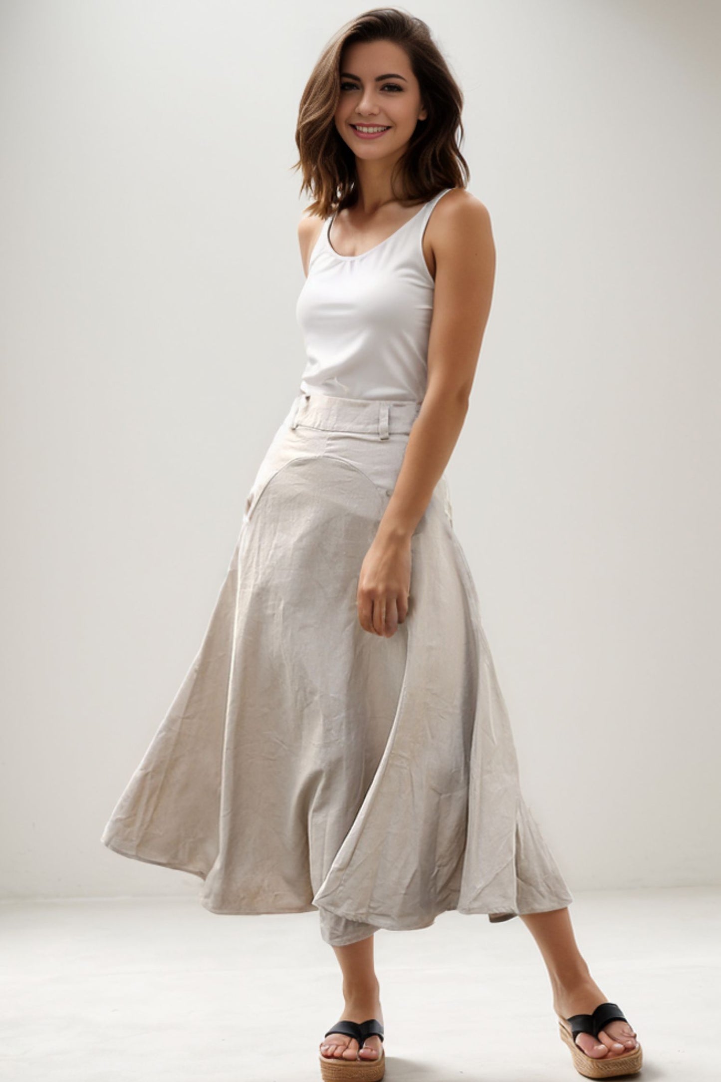 Beige Linen Skirt - Modern Casual Everyday Flattering Slim-Fitted Calf Length Versatile Woman's Skirt C290