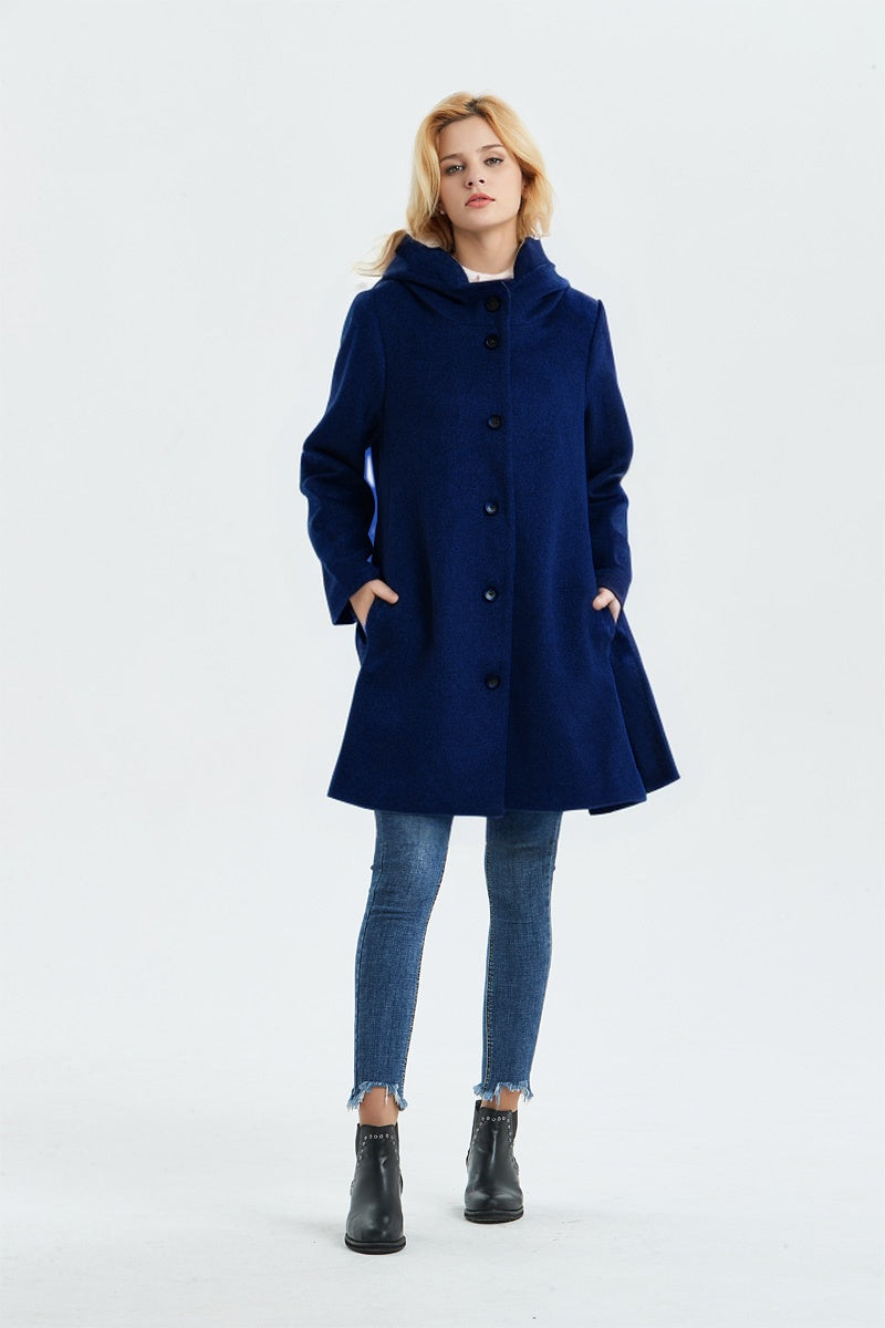 Loose fitting hooded wool coat C1317