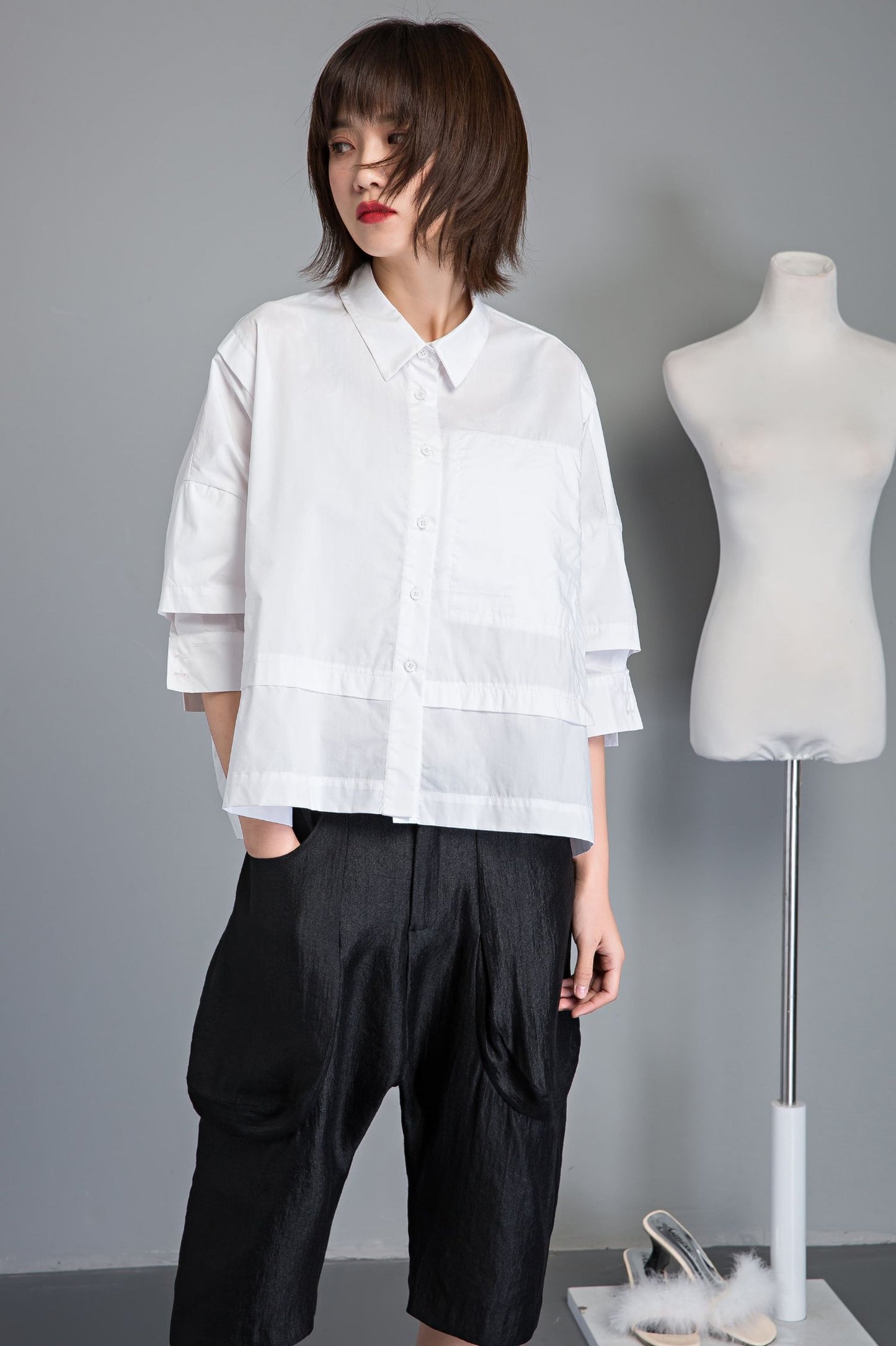 White cotton summer short sleeve shirt C1232