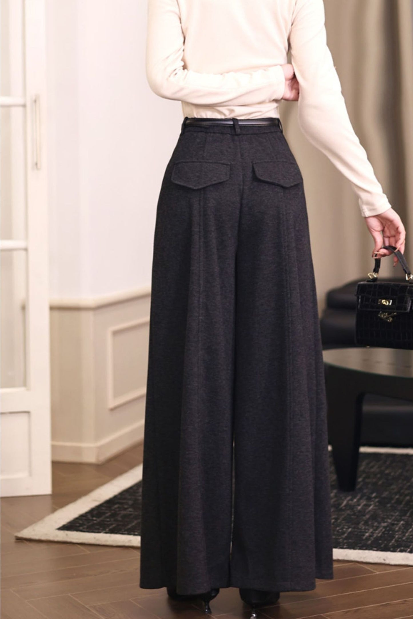 Gray wide leg long wool pants c5091
