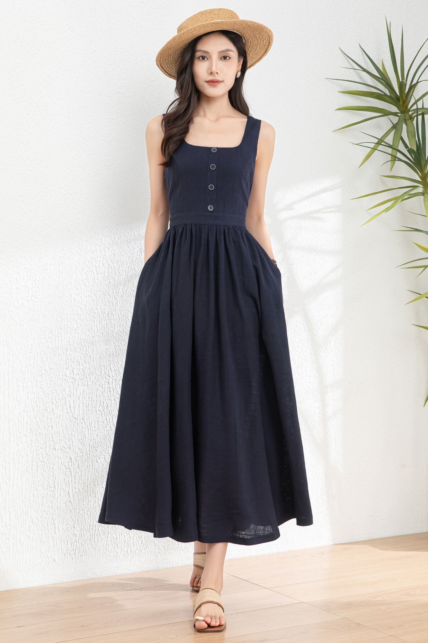 Square Neck Button Maxi Dress for Women c4984