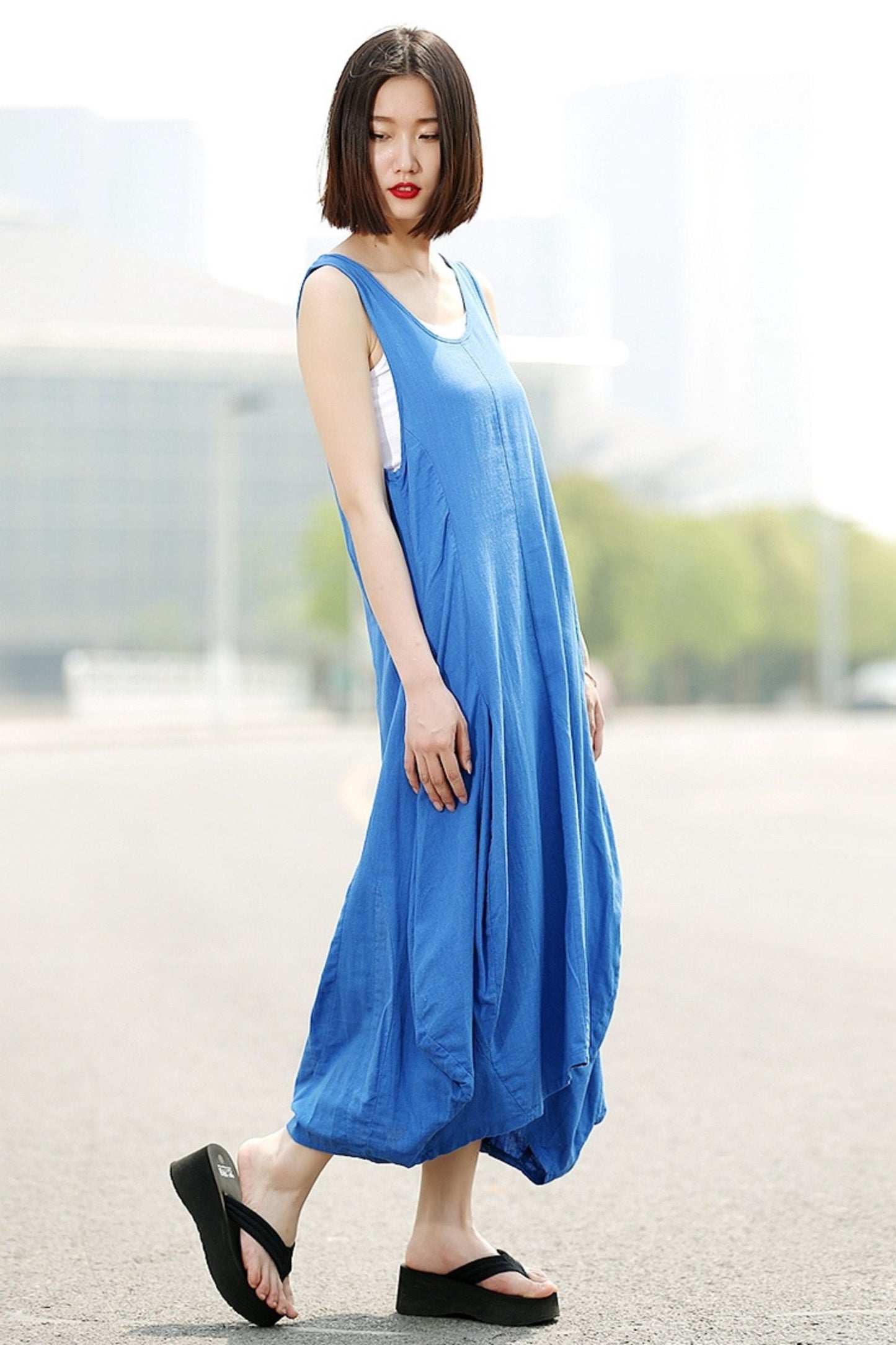 Linen long vest sleeveless dress C355