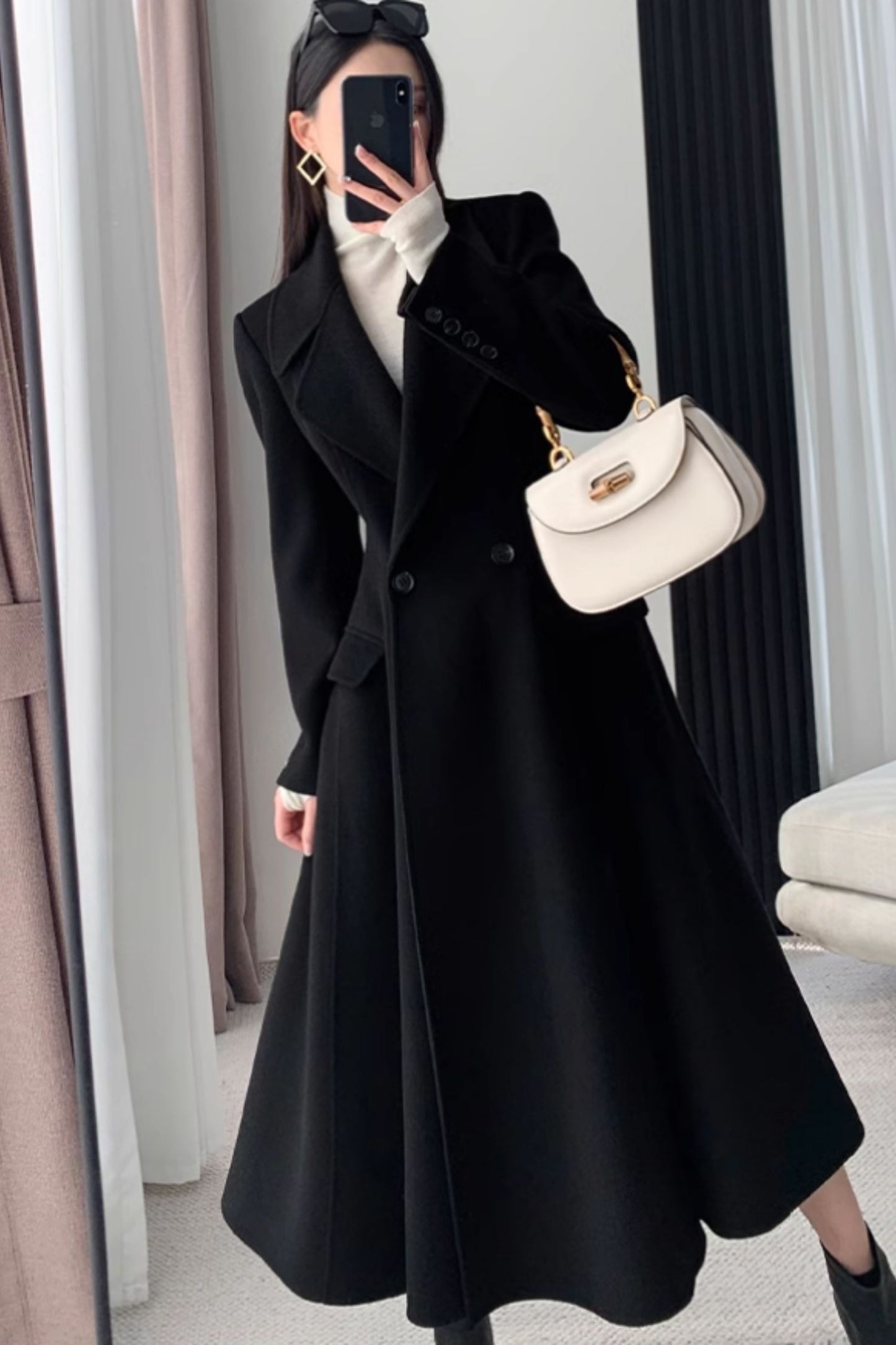 Long black winter wool coat women C4473