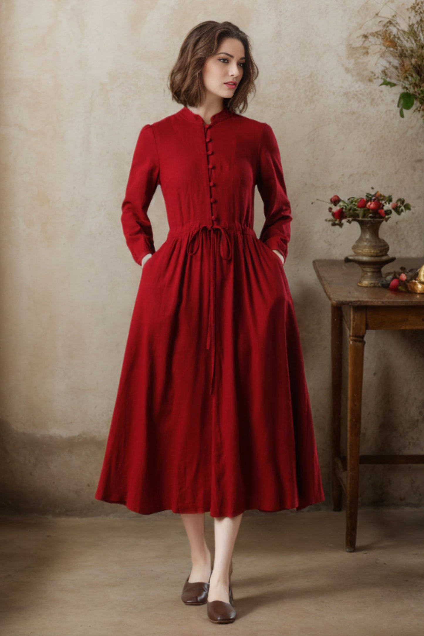 red linen dress with drawstring waist c4775