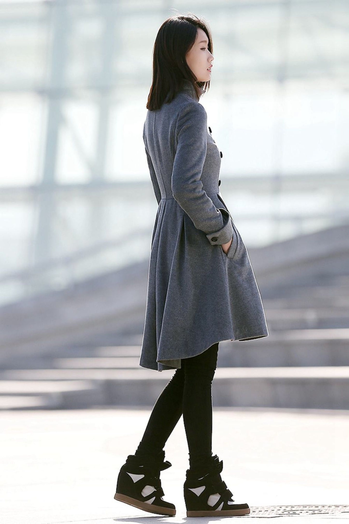 Asymmetrical winter wool coat with pockets C157