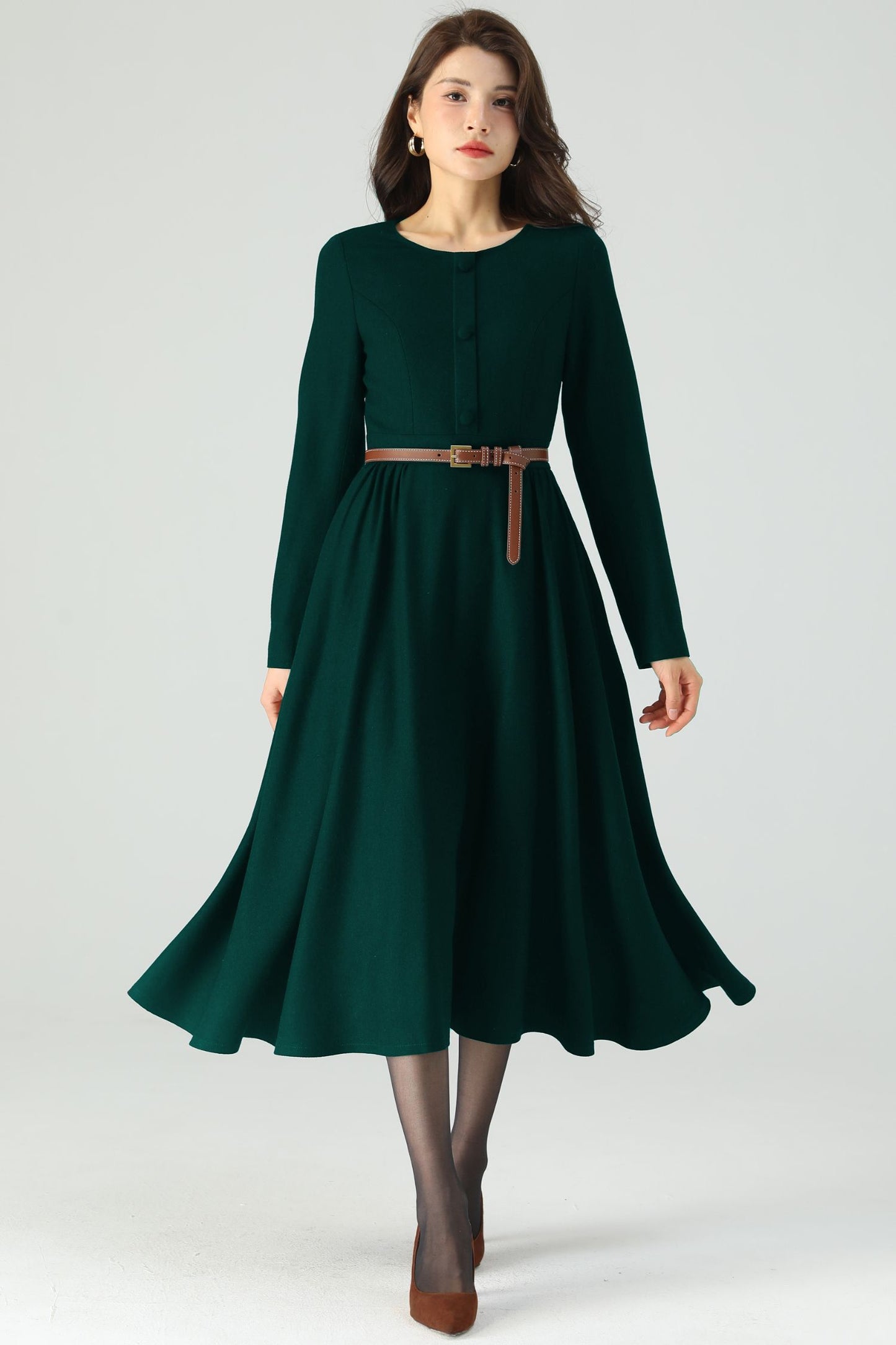 Dark Green Midi Wool Dress C4528