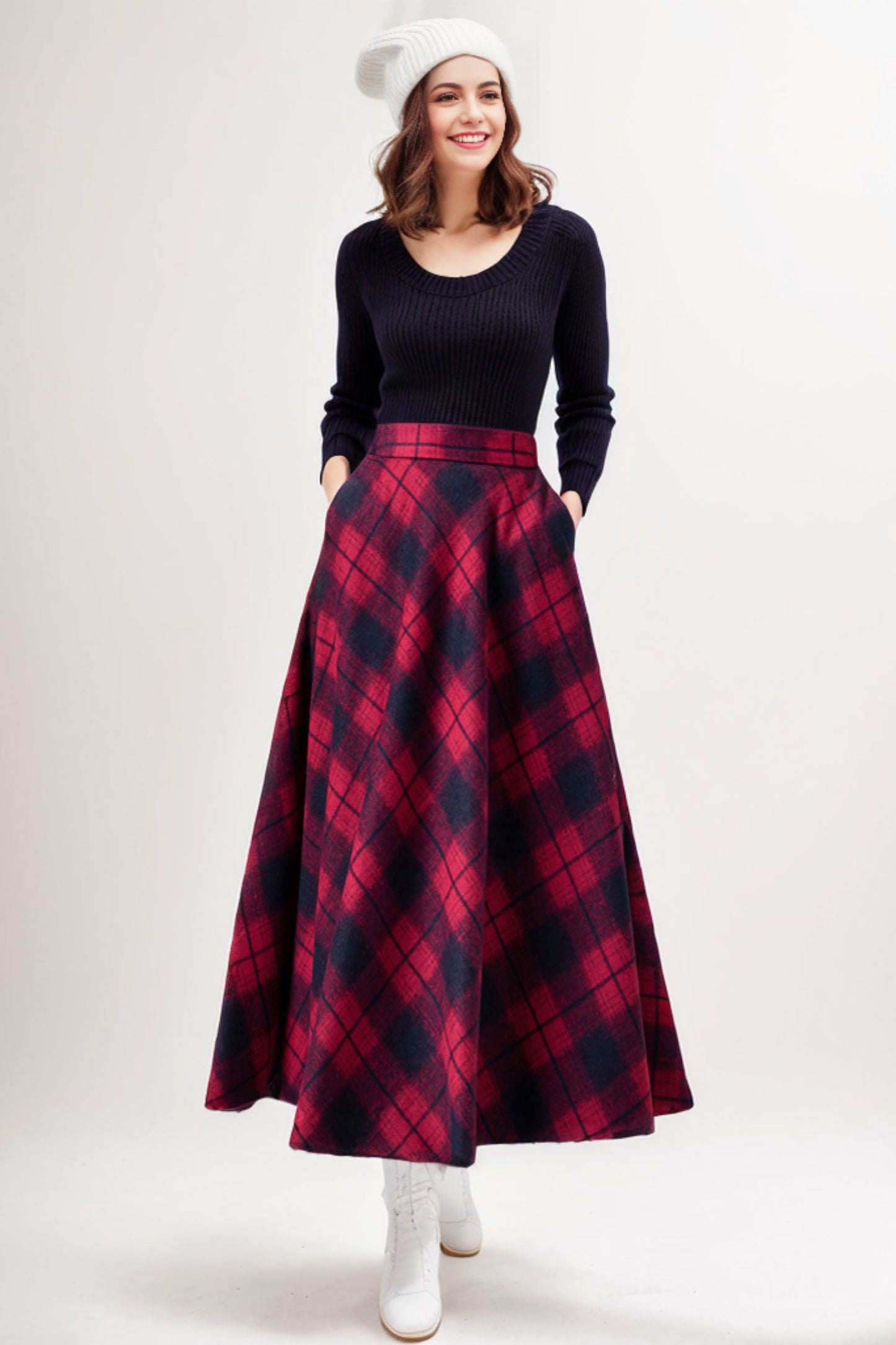 Plaid Wool Maxi High Waisted Skirt with Pockets C4267