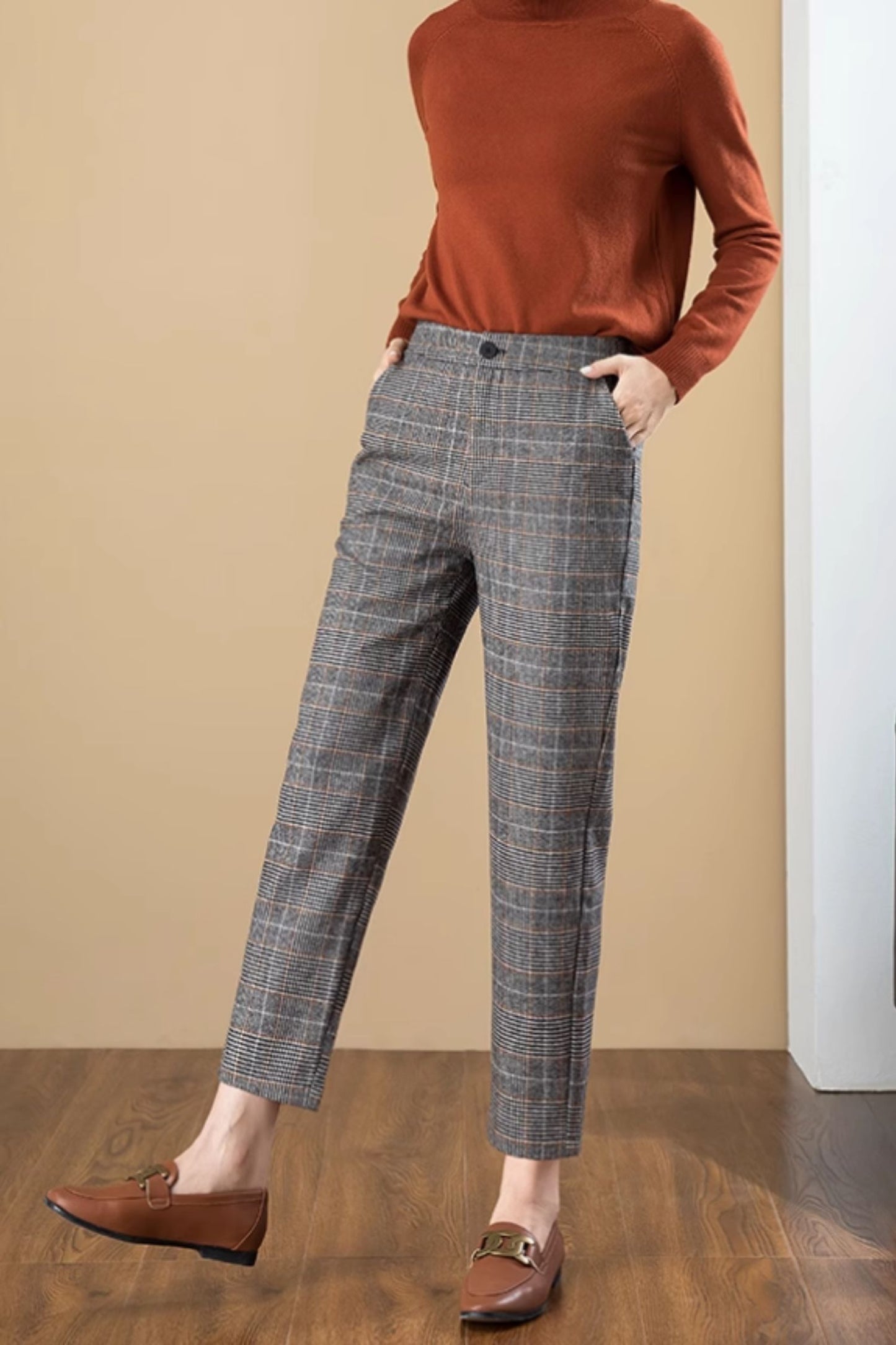 Plaid winter wool pants for women C4651