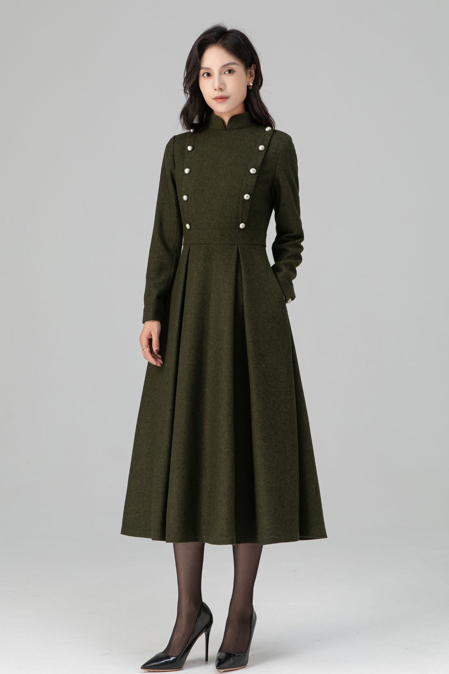 Military-Inspired Long Sleeve Wool Dress C5195