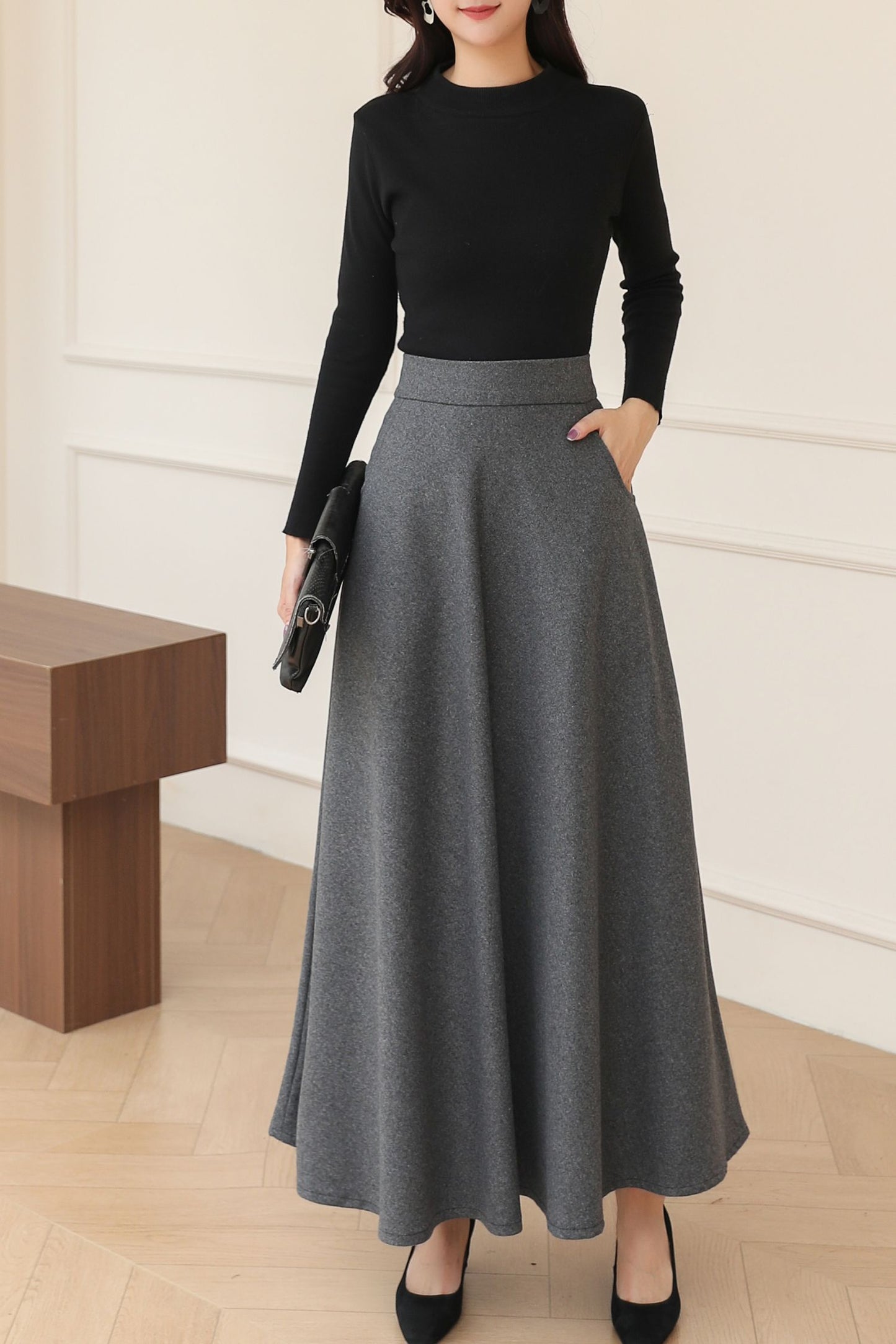 Dark Gray Long A-Line Wool Skirt C5191