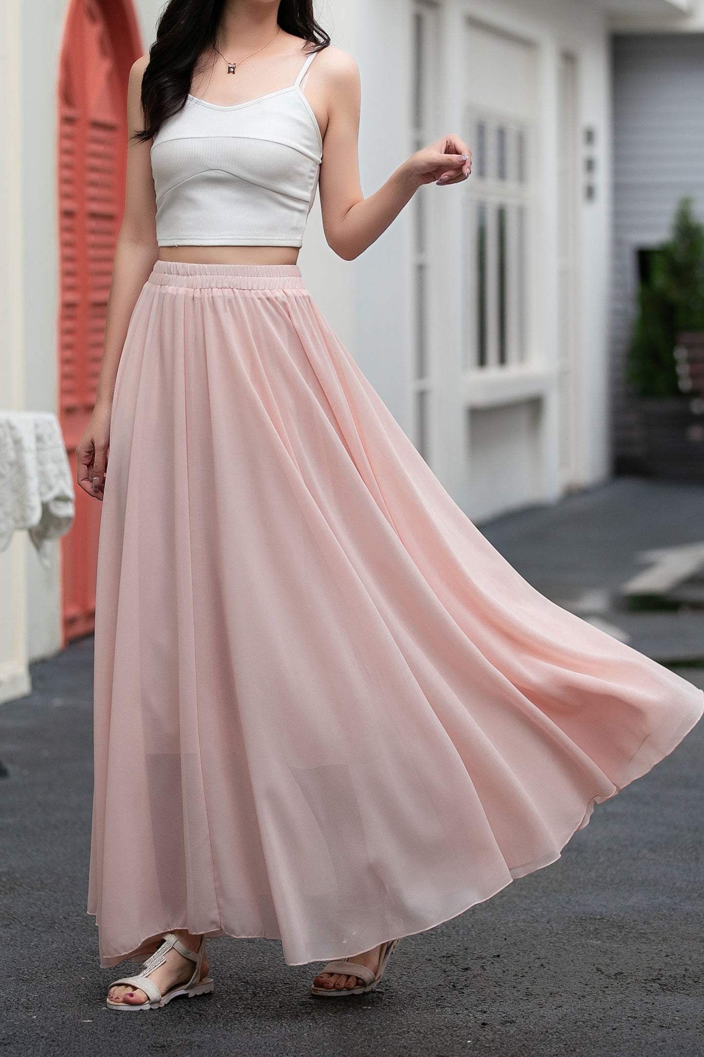 A line pink long chiffon skirt women C5034