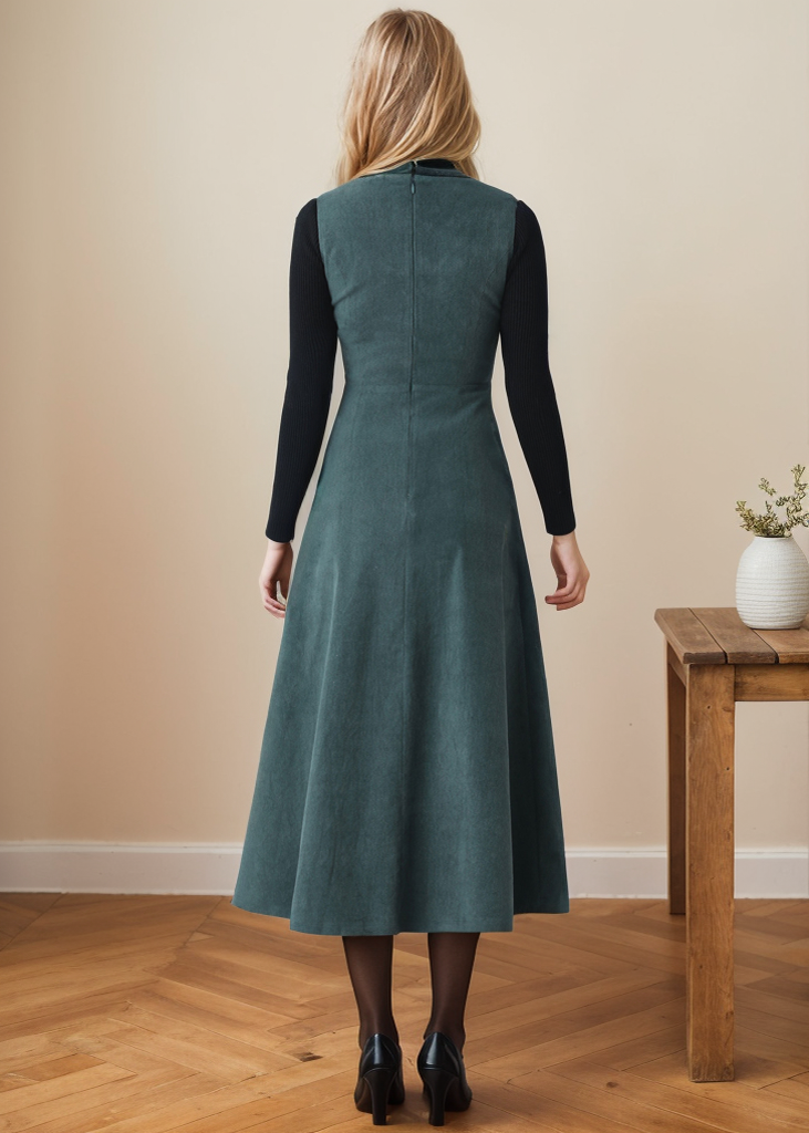 Green Sleeveless A-Line Corduroy dress C4361