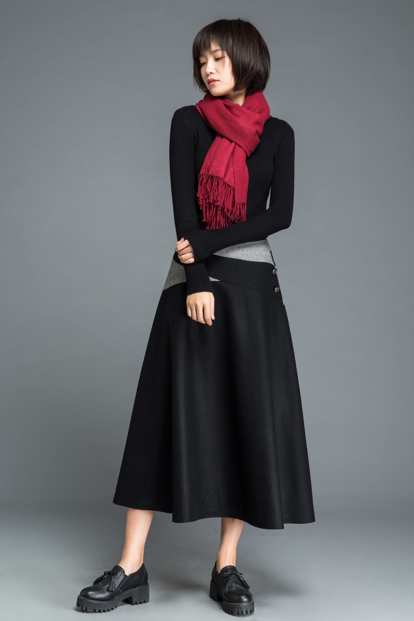 A line black midi wool skirt C1215