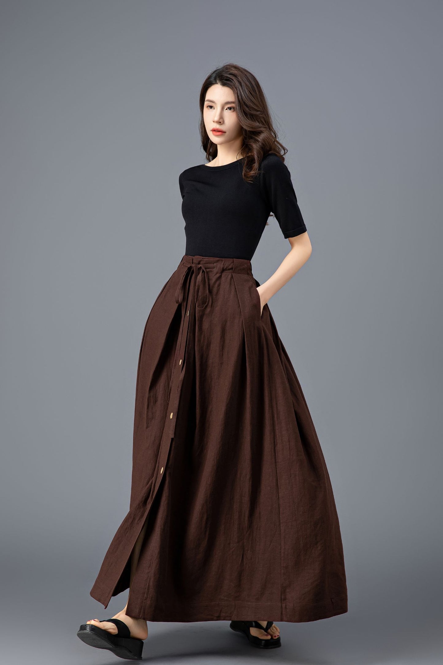 Bohemian Brown Linen Maxi Skirt C3920